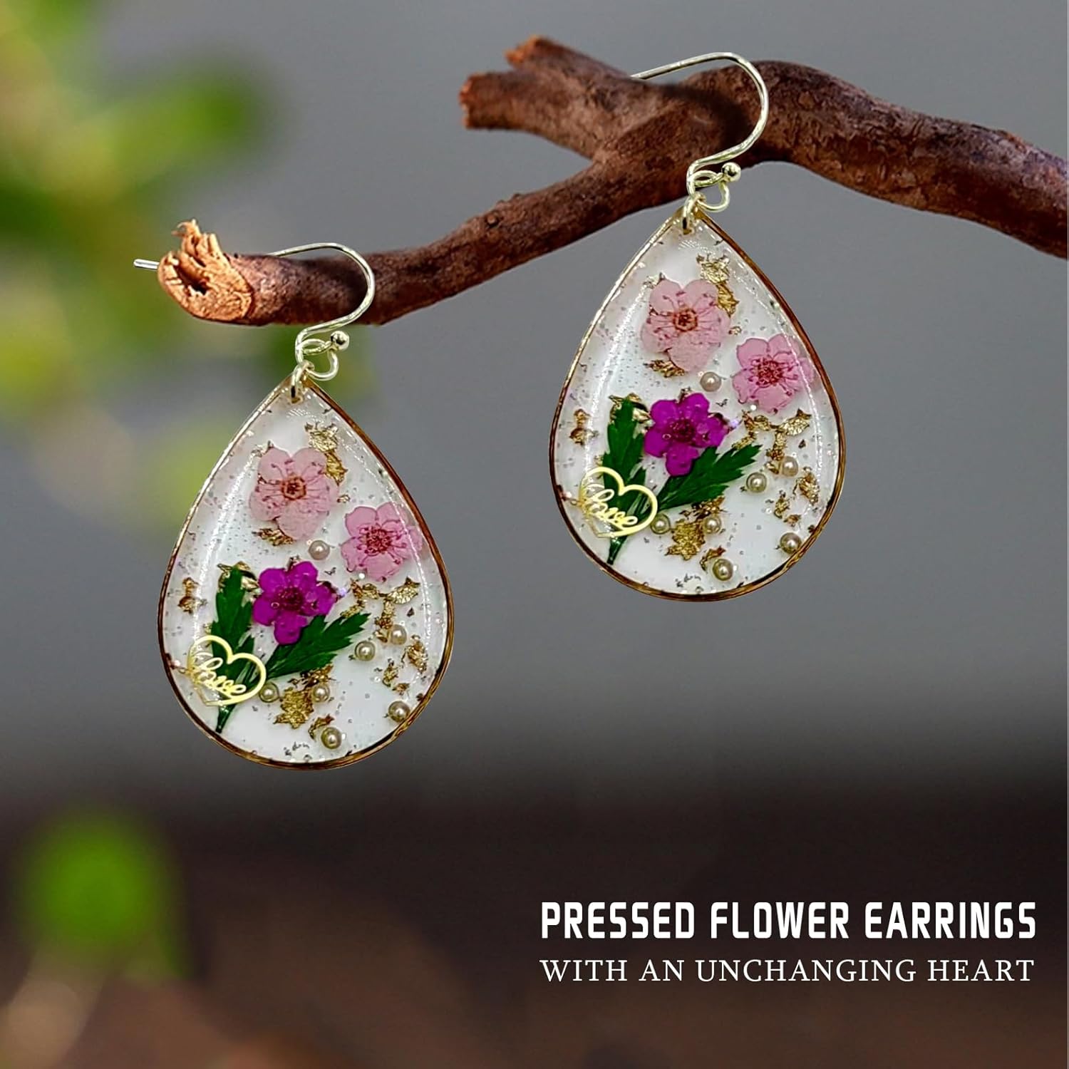 Detalle de Pressed Flower Earrings for Women – Resin Drop Dangle with Real Preserved Flowers