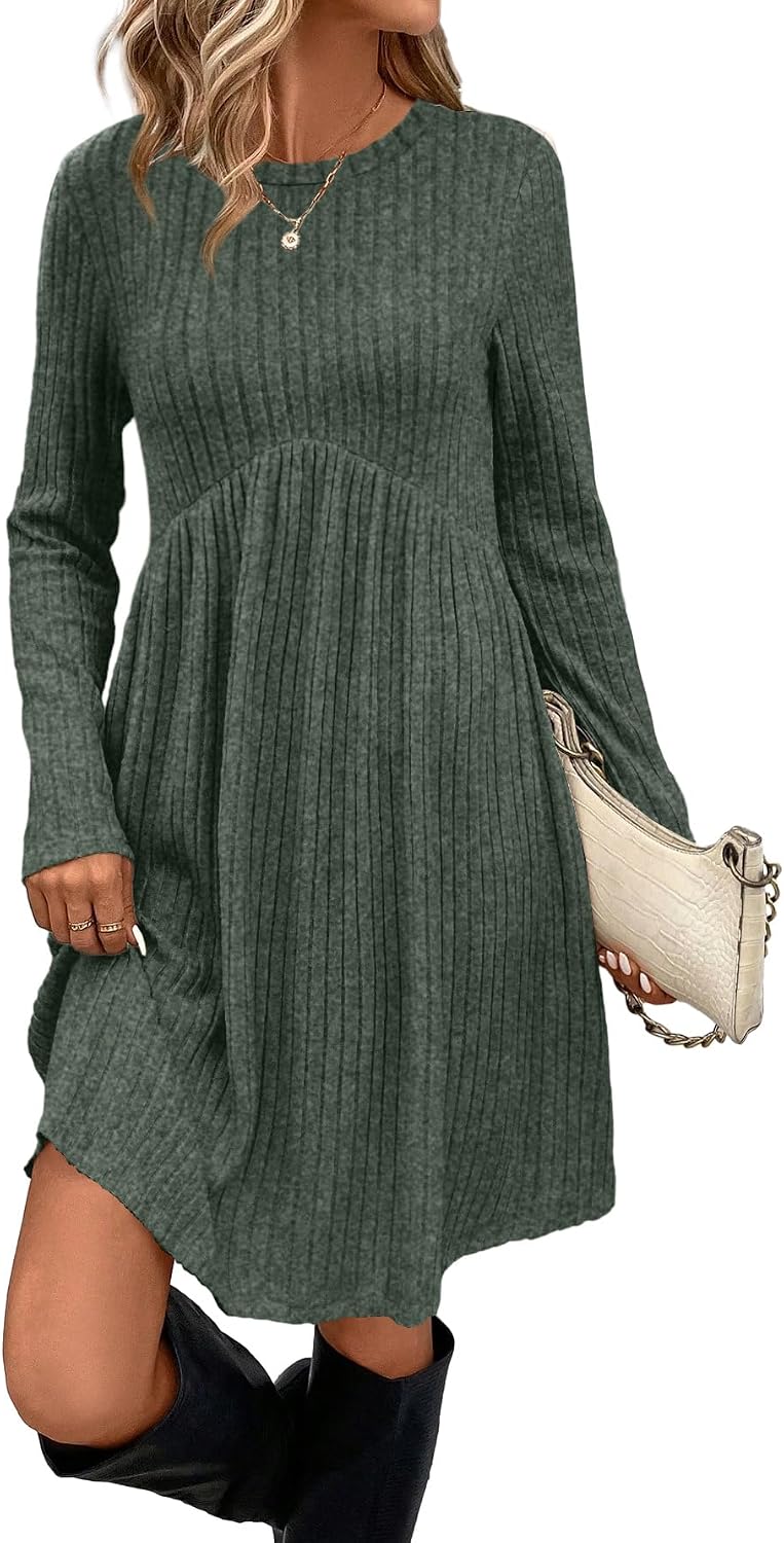 Detalle de OFEEFAN Long Sleeve Dress for Women, Empire Waist, Crew Neck, Pockets