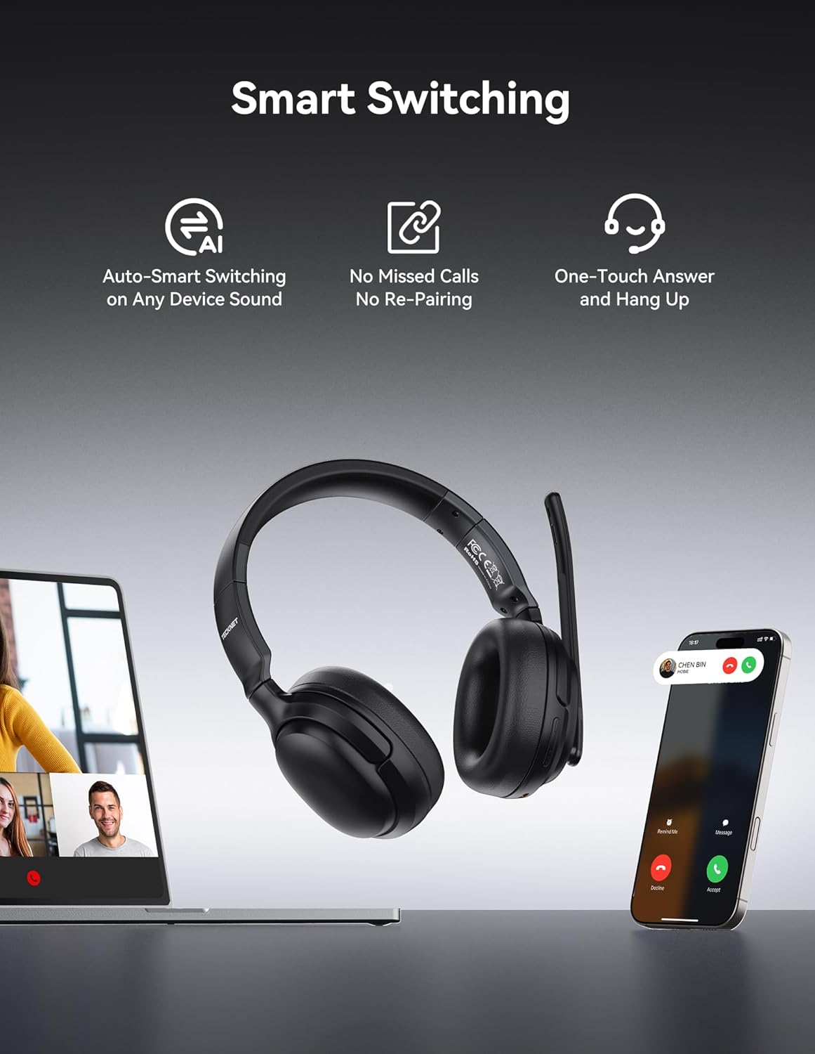 Detalle de TECKNET 5.4 Bluetooth Headphones Over Ear with Dual Connection, 65H Battery and 2-in-1 Mono/Stereo