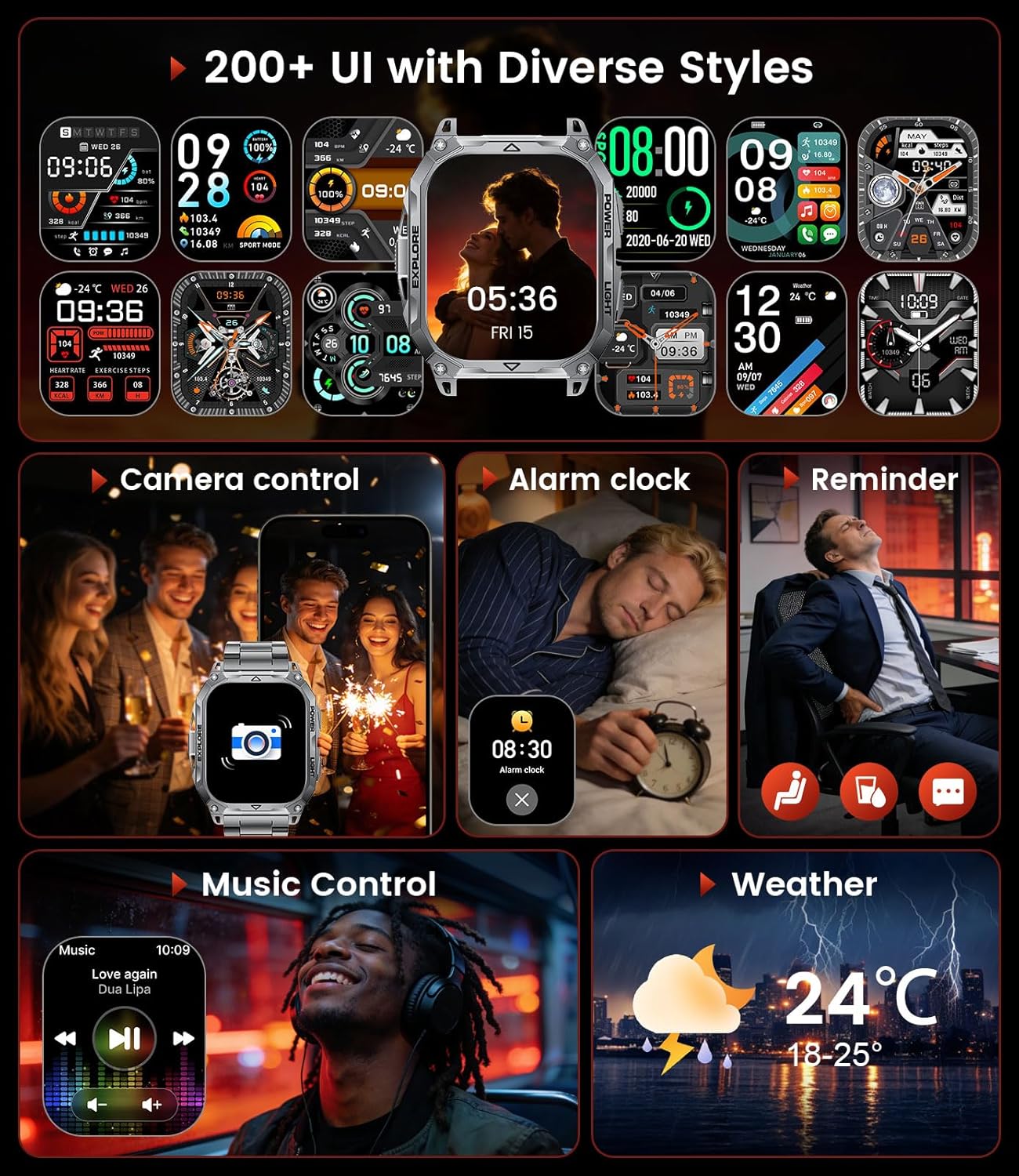 Thumbnail 6 de Montre connectée homme militaire TX13 2,01" HD — appels Bluetooth, IP68, batterie 900 mAh et 100+ modes sportifs (noir-orange)