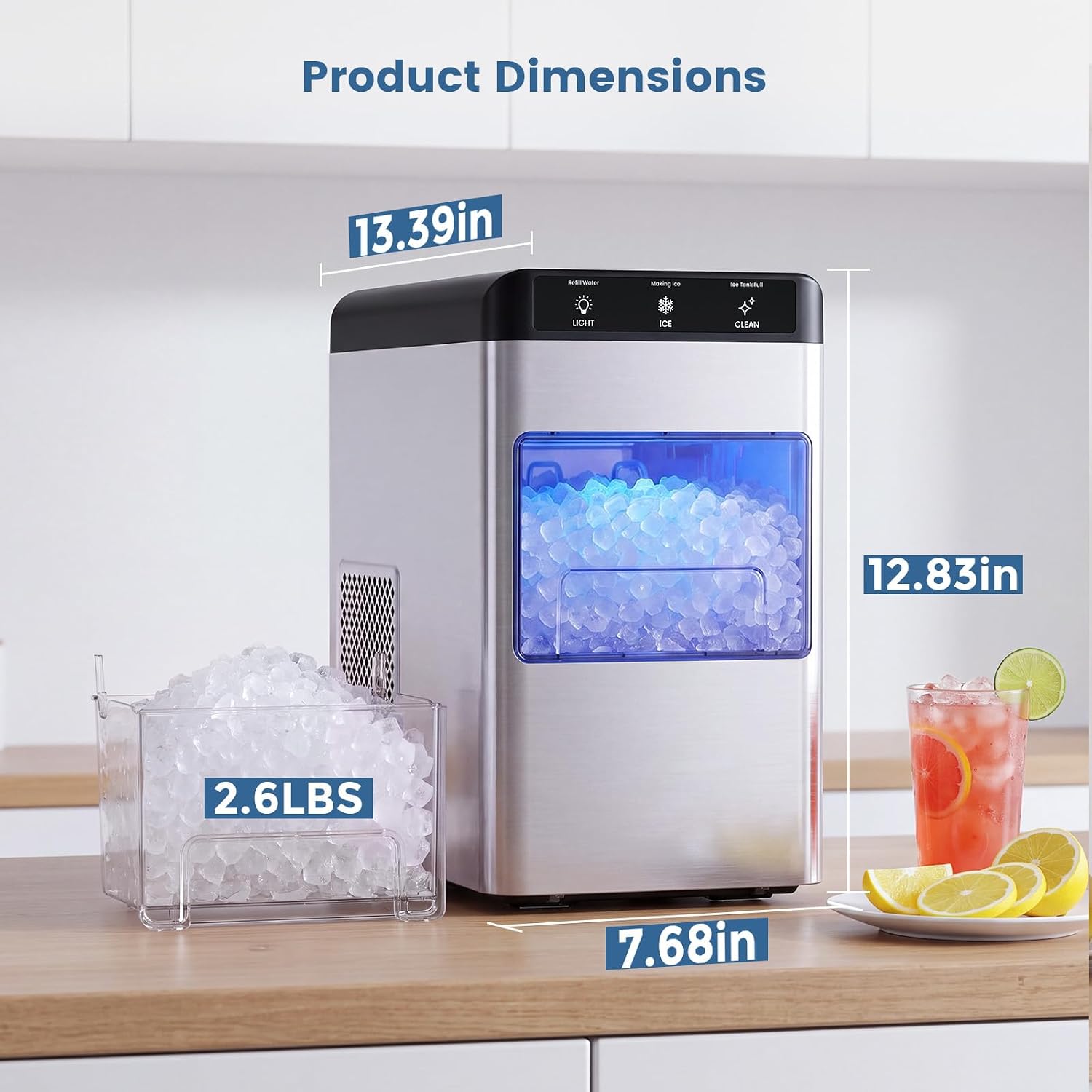 Detalle de COWSAR CB24M-C Nugget Ice Maker, 35 lb/24h, 6-Minute Ice, Stainless Steel