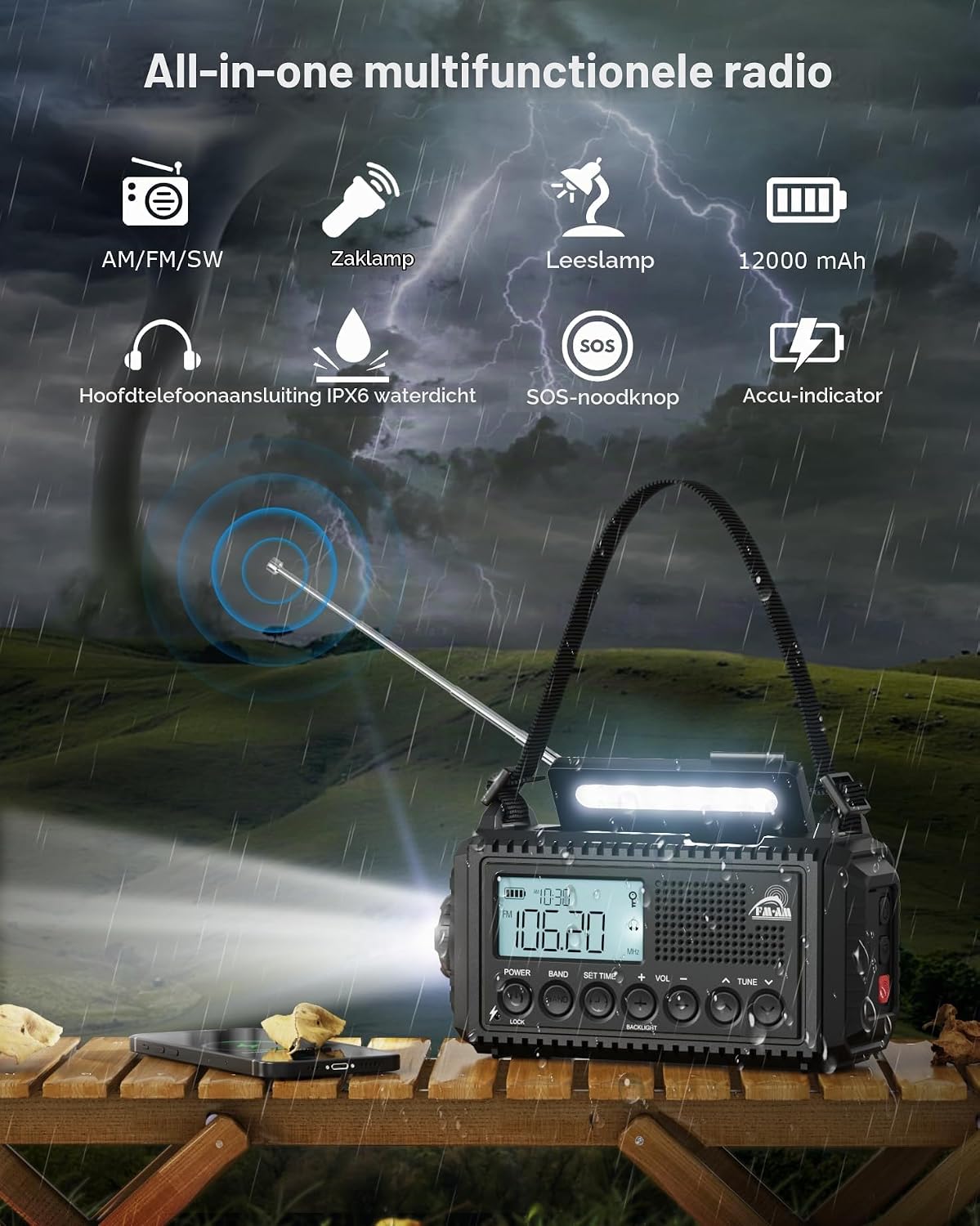 Detalle 2 de Roxicosly CR1009Ultra-Schwarz noodradio met 12.000 mAh, zonnepaneel en handslinger