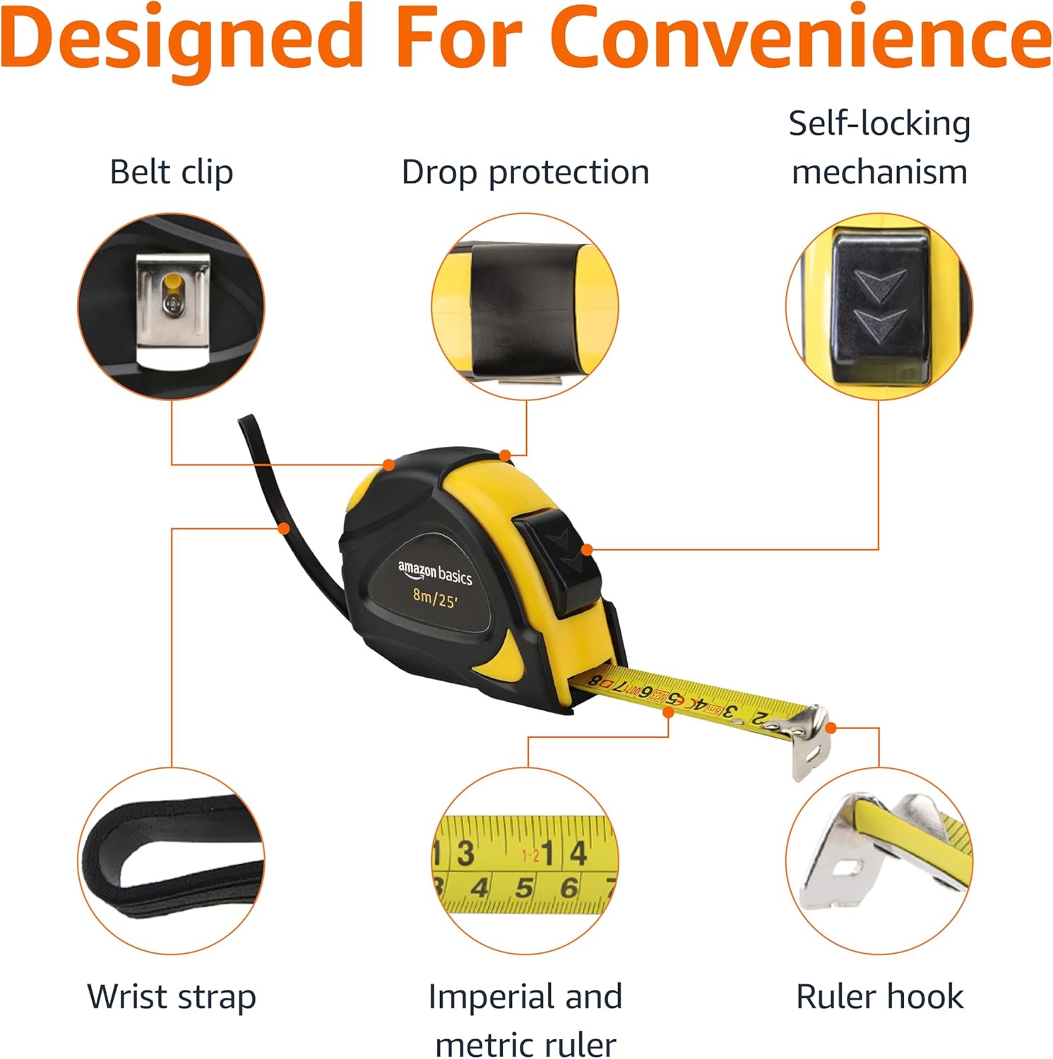 Thumbnail 3 de Amazon Basics Self-Locking Tape Measure, MID Accuracy, 7.6 m (2-Pack) – Yellow