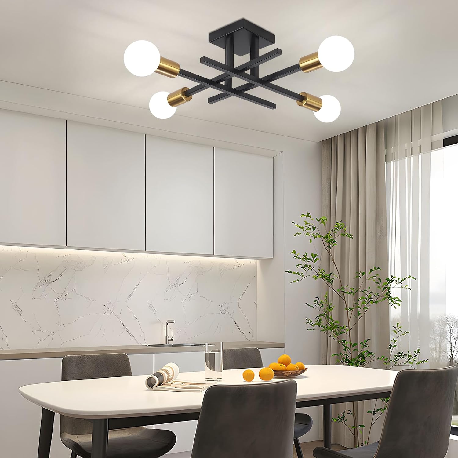 Detalle de QAREHL Black & Gold 4-Light Sputnik Chandelier Ceiling Light