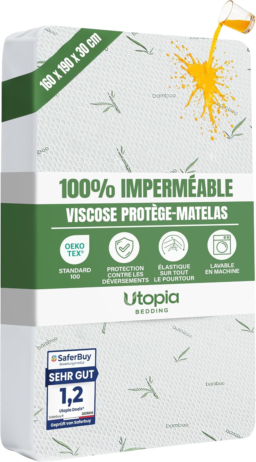Detalle de Utopia Bedding Protège-matelas imperméable en viscose (160 x 190 x 30 cm) avec drap-housse