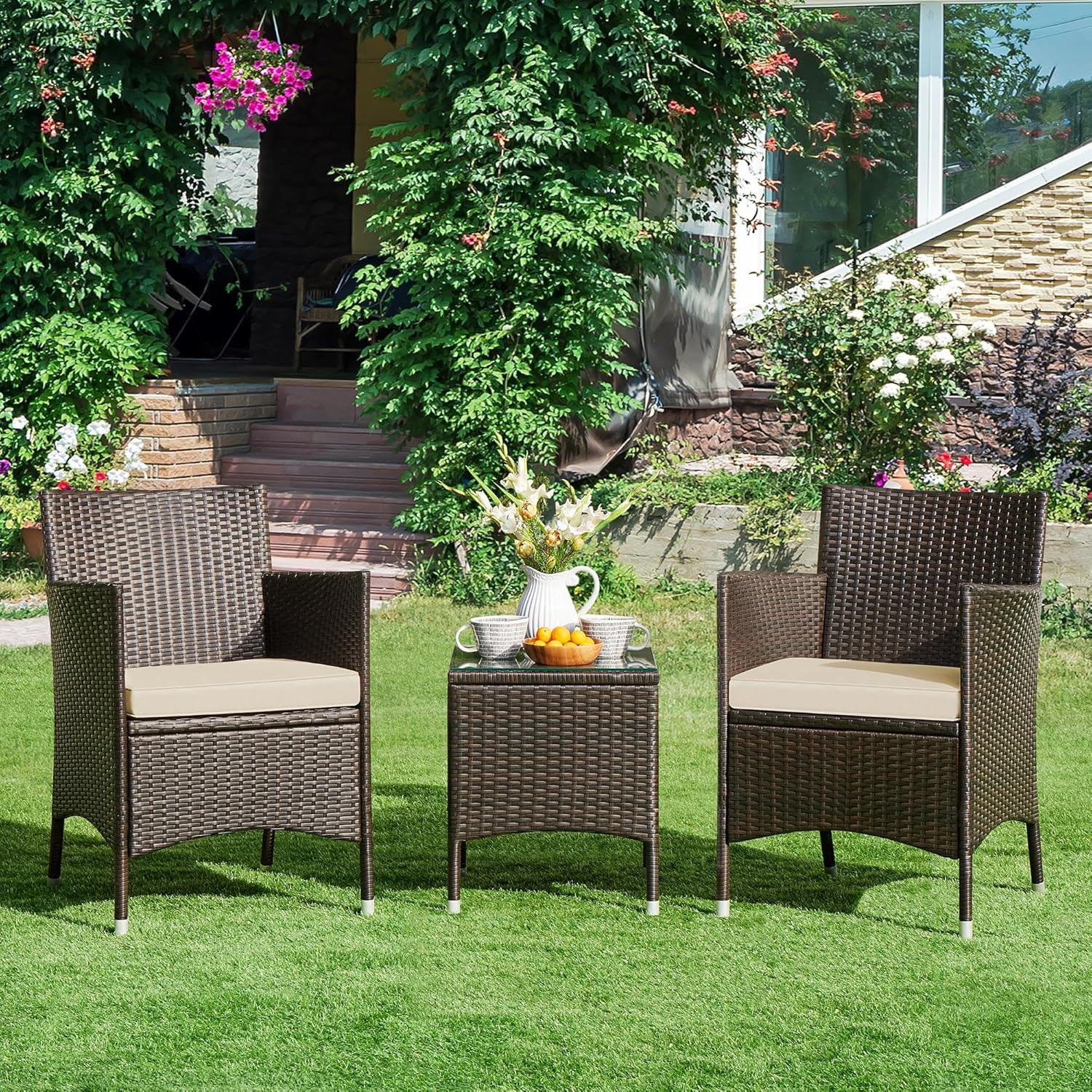 Detalle de Yaheetech Set Mobili da Giardino 2 Poltrone e 1 Tavolino in Rattan PE Impermeabile per Esterno con Cuscini Marrone