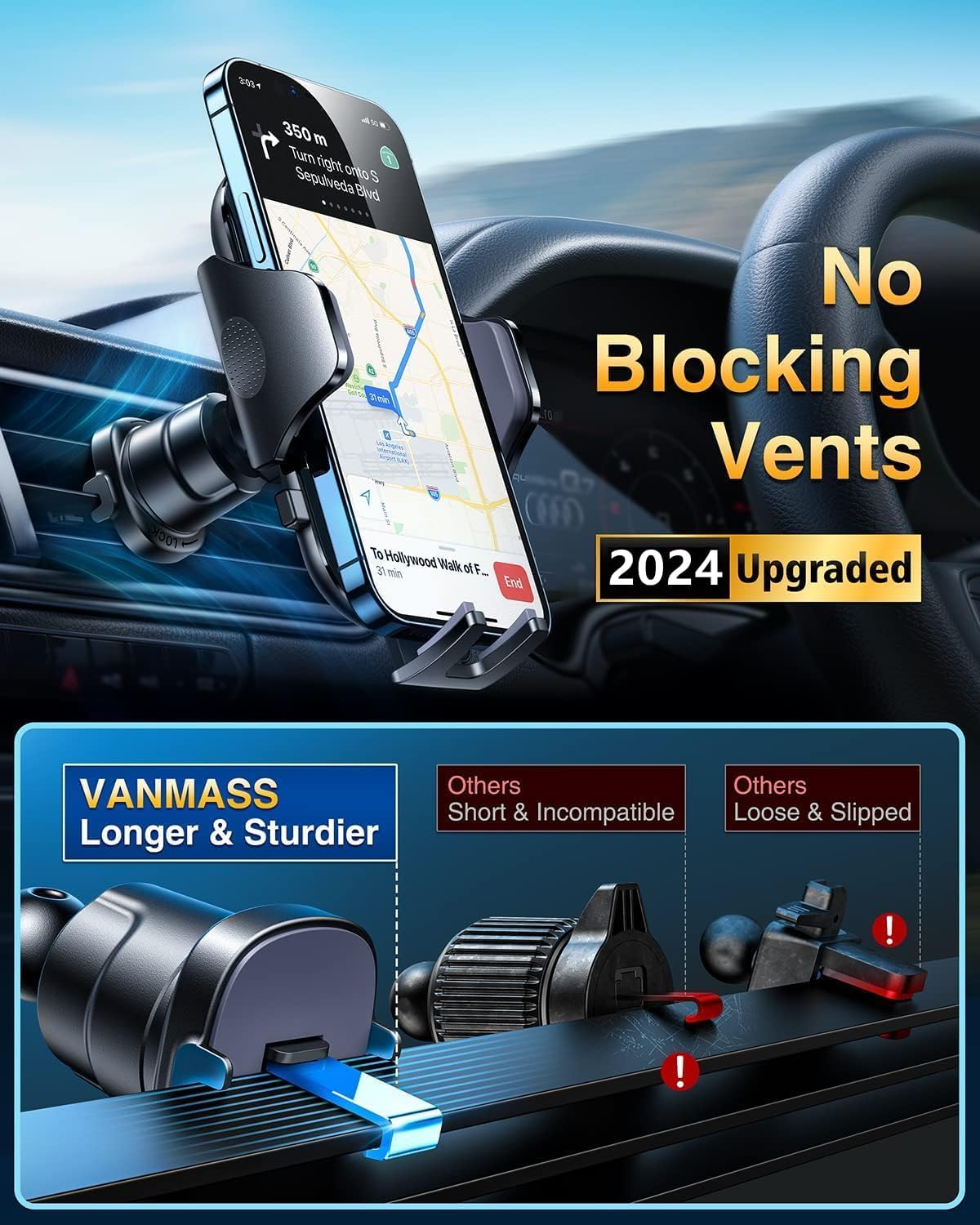 Detalle de VANMASS True Military-Grade Car Phone Mount (4–7 inch) with Ultimate Suction and Flexible Clip