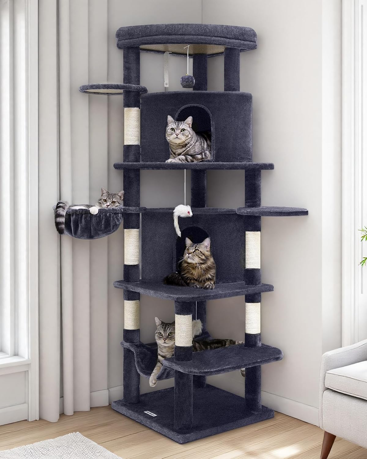 Detalle de Globlazer Kratzbaum für Katzen als Eckkratzbaum (167 cm) mit 2 Katzenhäusern, Hängematte & gepolsterter Plattform, Dunkelgrau