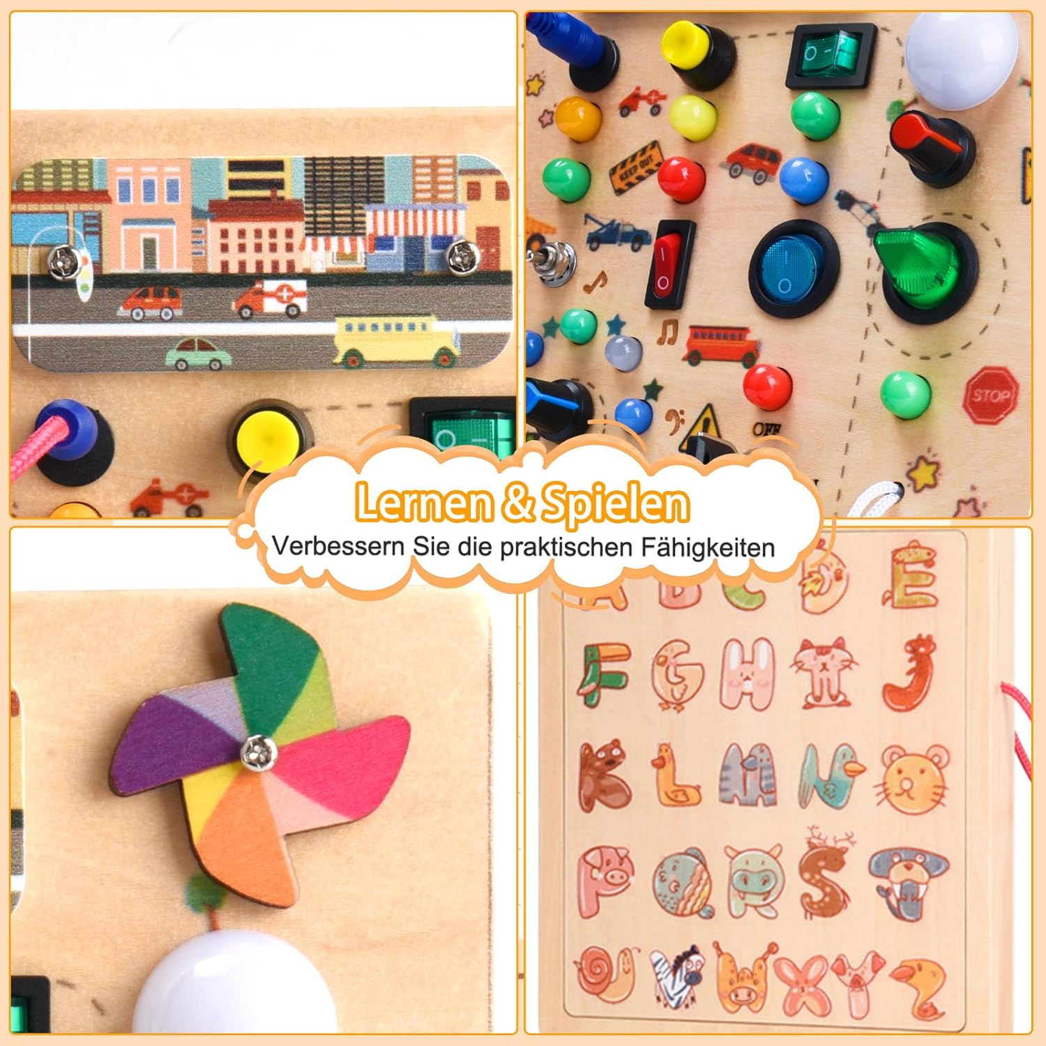 Detalle de Nauotk Busy Board in Legno Montessori con 19 LED e 26 lettere