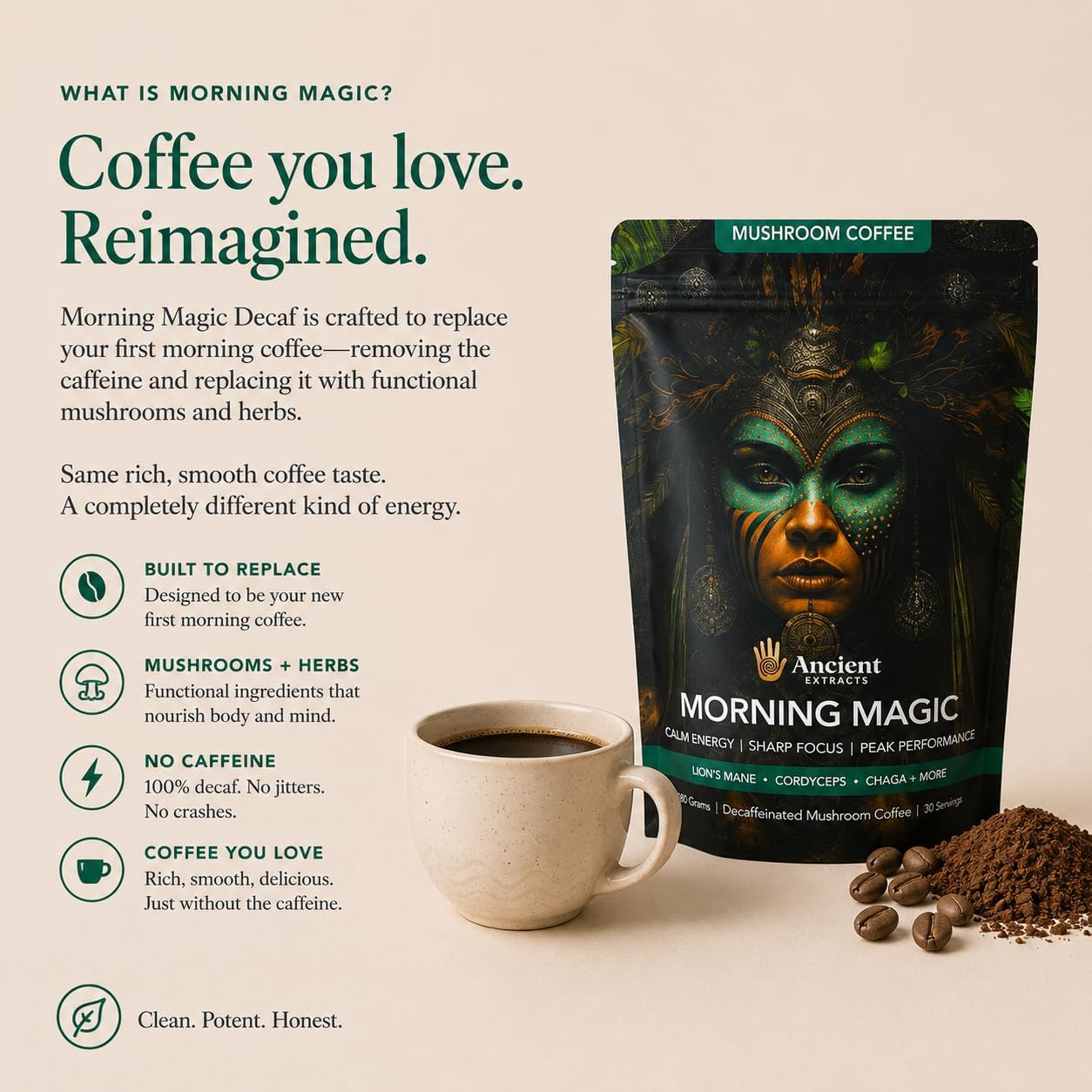 Thumbnail 6 de Ancient Extracts Morning Magic Mushroom Coffee Decaf (180g) with Lions Mane, Cordyceps, Ashwagandha & Maca Root