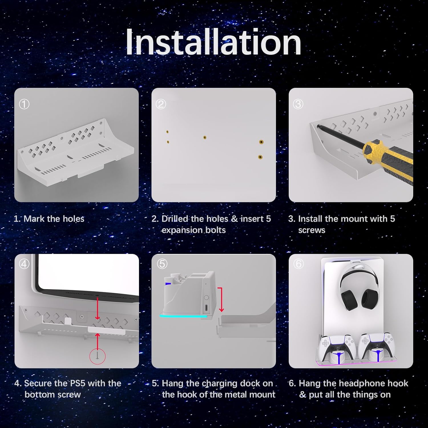 Thumbnail 6 de Hosanwell PS5 Wall Mount with Charging Station (for PS5/PS5 Pro/PS5 Slim) – Dual Use Dock with RGB Lights, White
