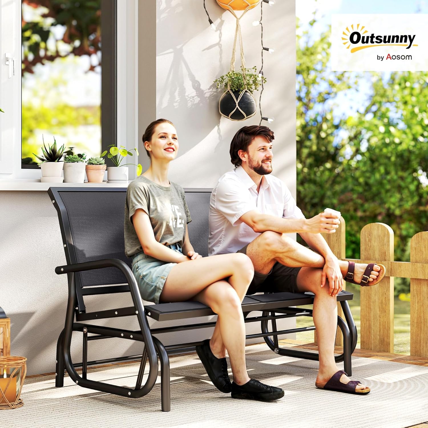 Detalle 2 de Outsunny Banc à bascule de jardin 2 places design contemporain grand confort avec accoudoirs gris