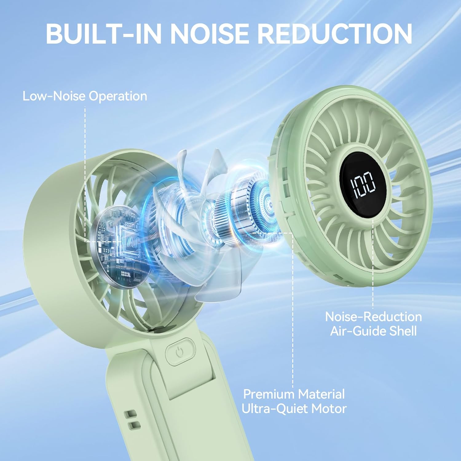 Detalle de TECKNET Handheld Fan with 5000mAh Battery – Portable USB Rechargeable, 150° Foldable, LED Display