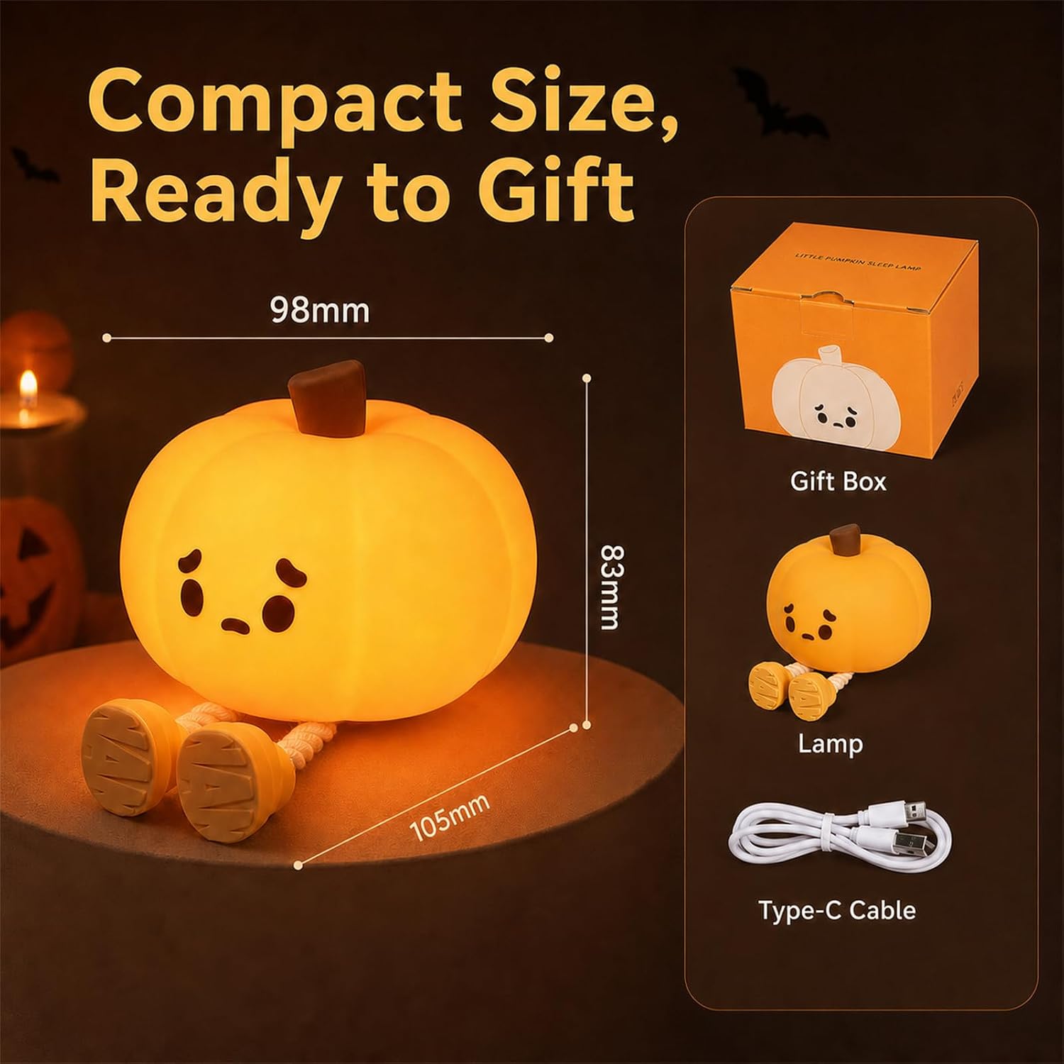 Detalle 2 de MUID Halloween Pumpkin Night Light, Rechargeable Silicone Touch Lamp