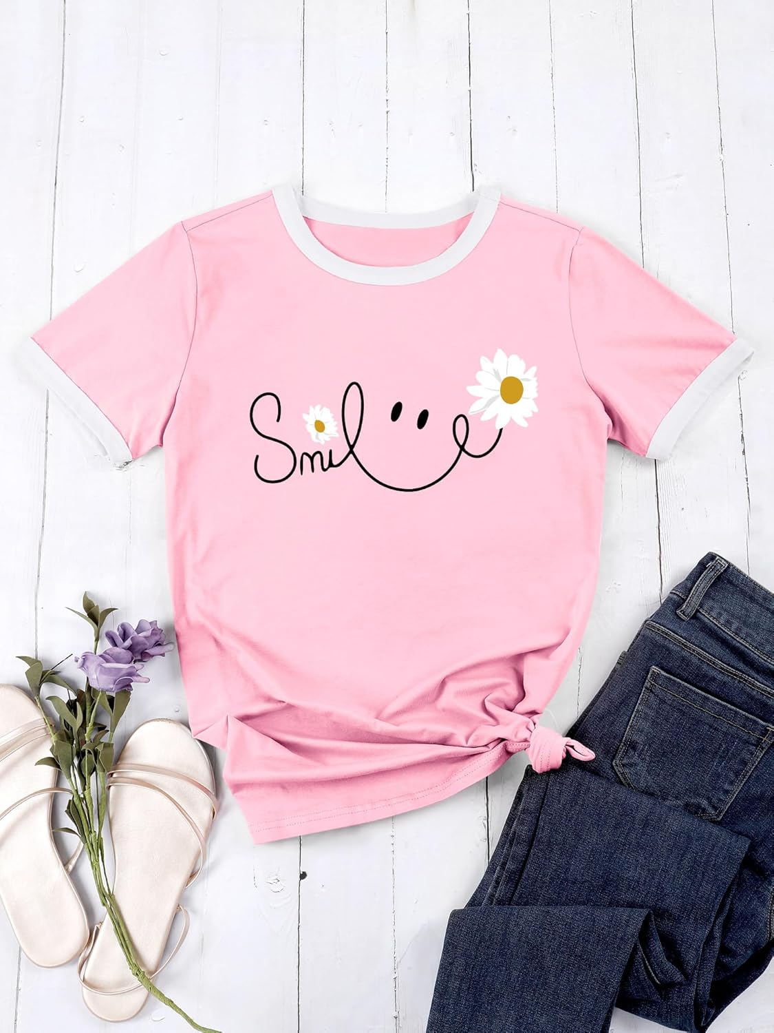 Thumbnail 2 de Yihelian Damen-T-Shirt Daisy Print Kurzarm Rundhals – Sommerlook mit Smile-Print