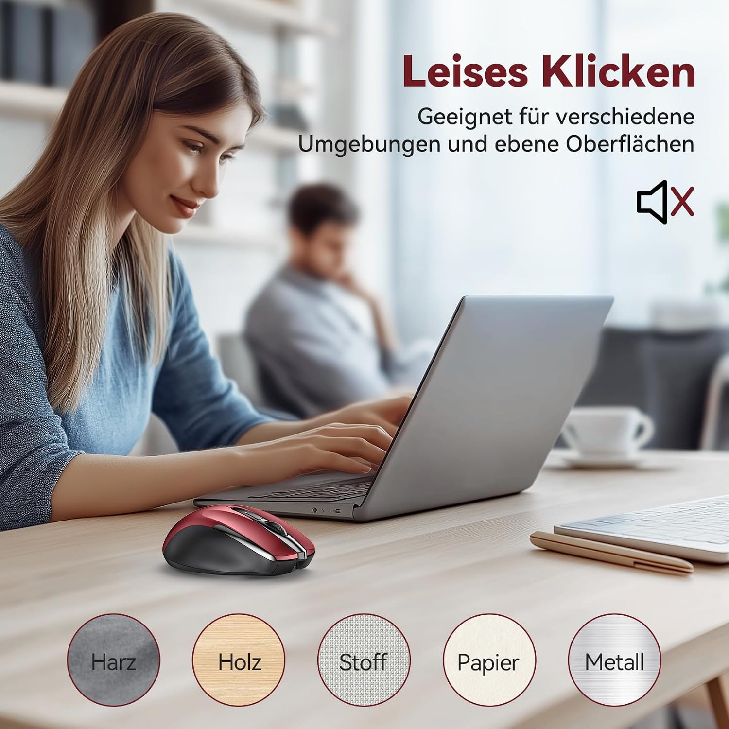 Detalle de TechRise Bluetooth Maus & 2,4G Funkmaus mit USB-A Empfänger (BT 5.0/3.0), 4800 DPI, wiederaufladbar, leise – 6 DPI-Stufen, rot