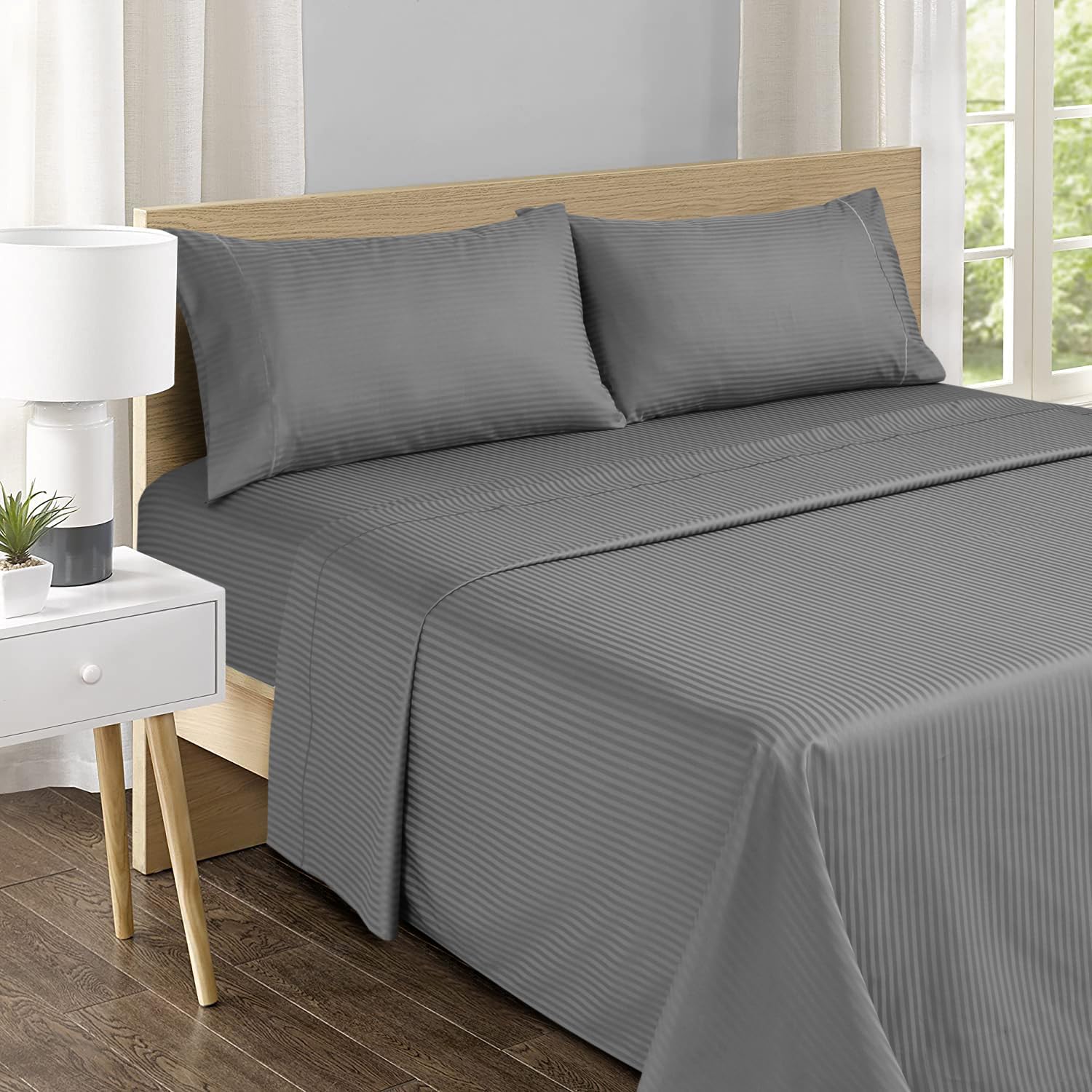 Thumbnail 4 de Feather & Stitch 500 TC King Size Damask Bed Sheet Set (Grey Stripe) — 100% Cotton Sateen, 18" Deep Pockets