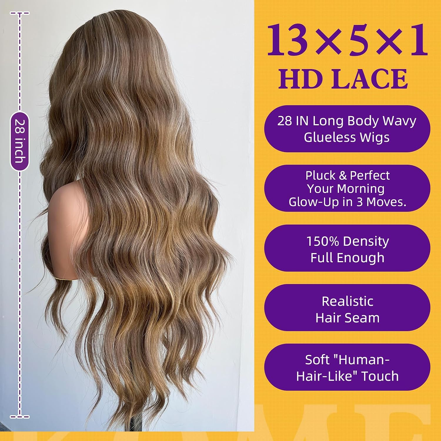 Detalle de KOME Ash Brown 28-Inch Synthetic Lace Front Wig with Body Waves and Bangs
