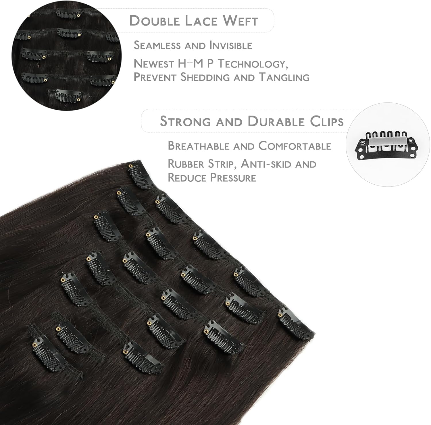 Detalle de WENNALIFE Extension Capelli Veri Clip 45 cm – Remy Umani Marrone Scuro, 7 pezzi con clip