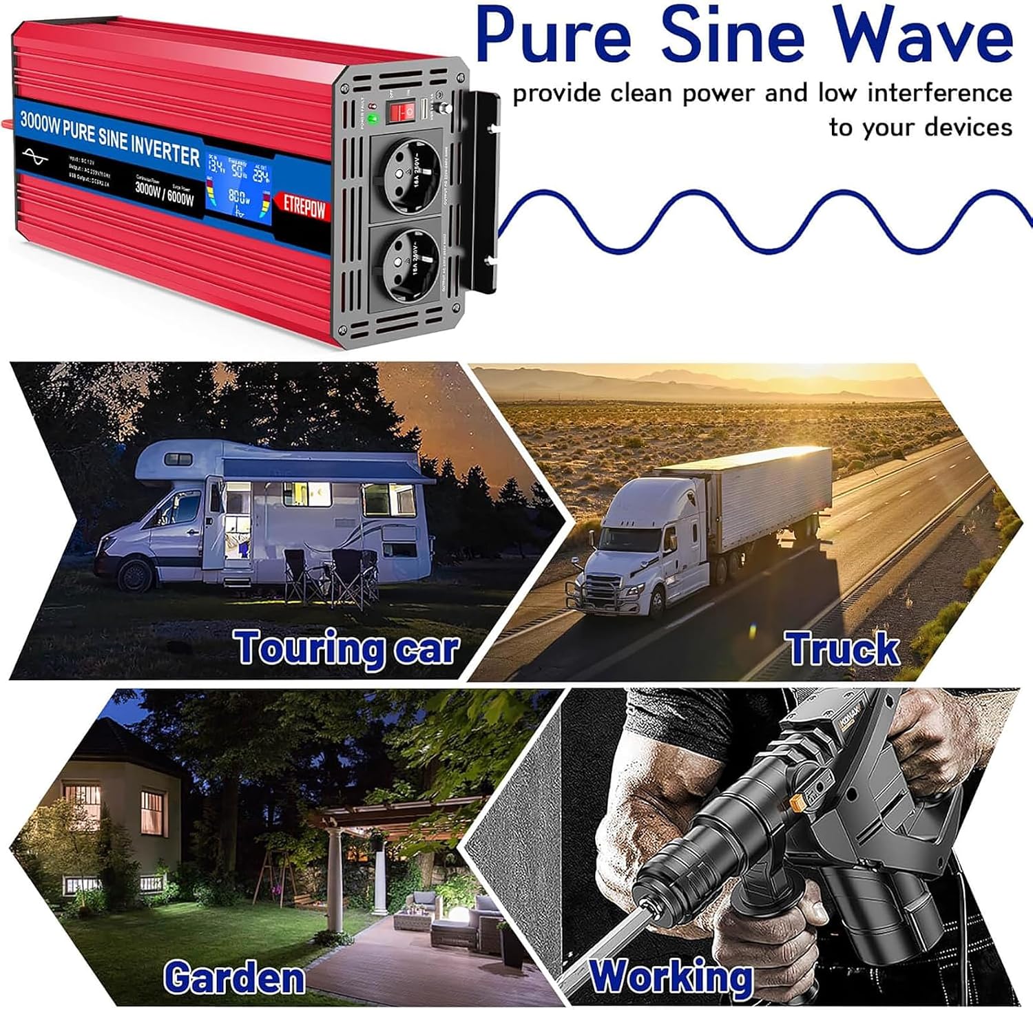 Detalle de ETREPOW Inverter 3000W 12V → 220V Onda Pura con display LCD e telecomando, 2 prese UE + USB – ideale per camper e barca
