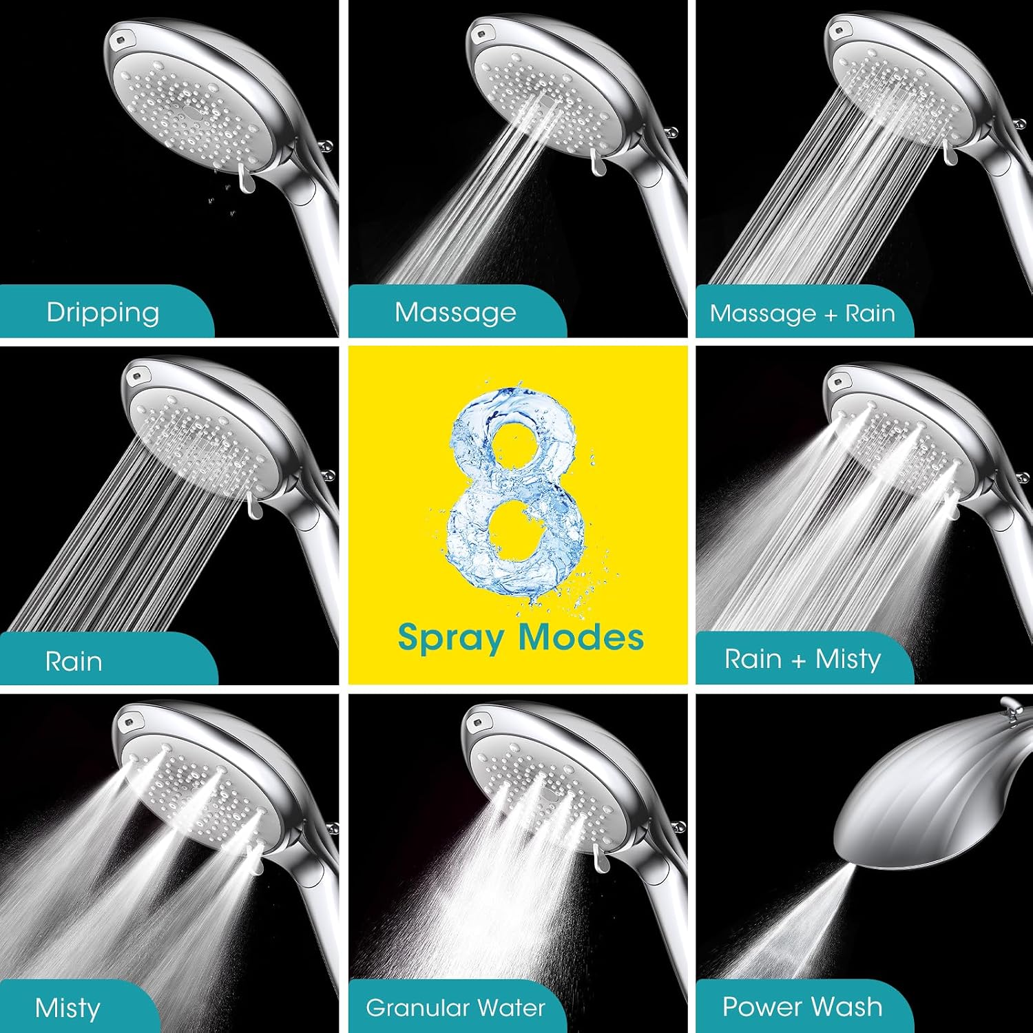 Detalle 2 de FASDUNT CY1 Filtered Handheld Shower Head, 8 Spray Settings, Chrome