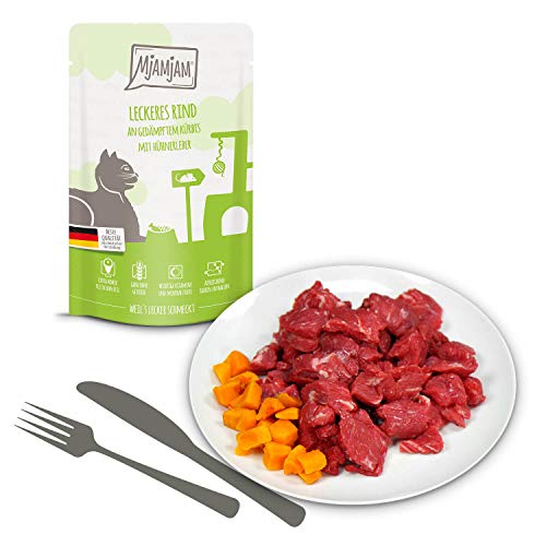 Detalle de MjAMjAM Premium Nassfutter für Katzen – Mixpaket I (12 x 125 g) Huhn, Rind, Herzen – getreidefrei, hoher Fleischanteil