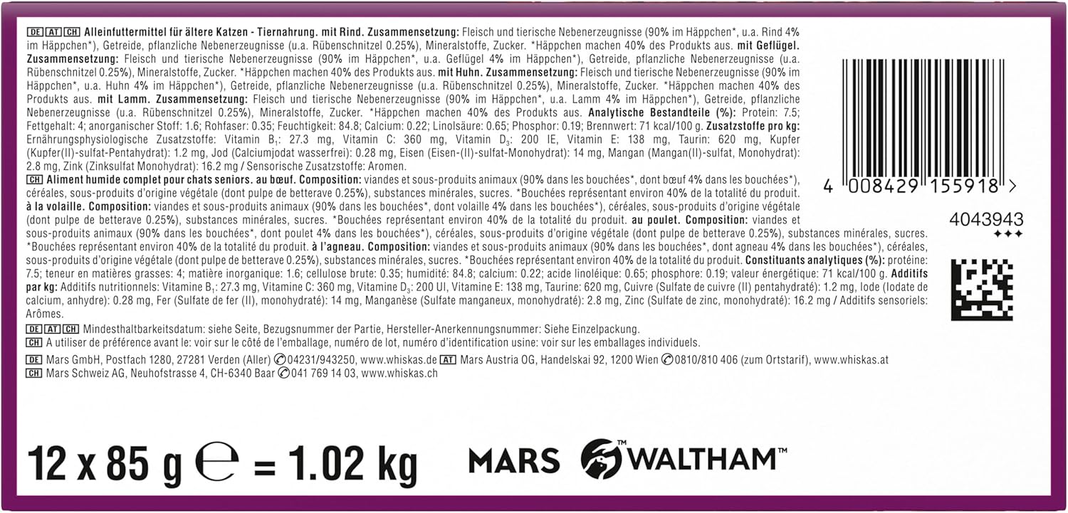 Detalle de Whiskas 7+ Katzenfutter Klassische Auswahl in Sauce – 12x85 g (4× Pack) für Katzen ab 7 Jahren