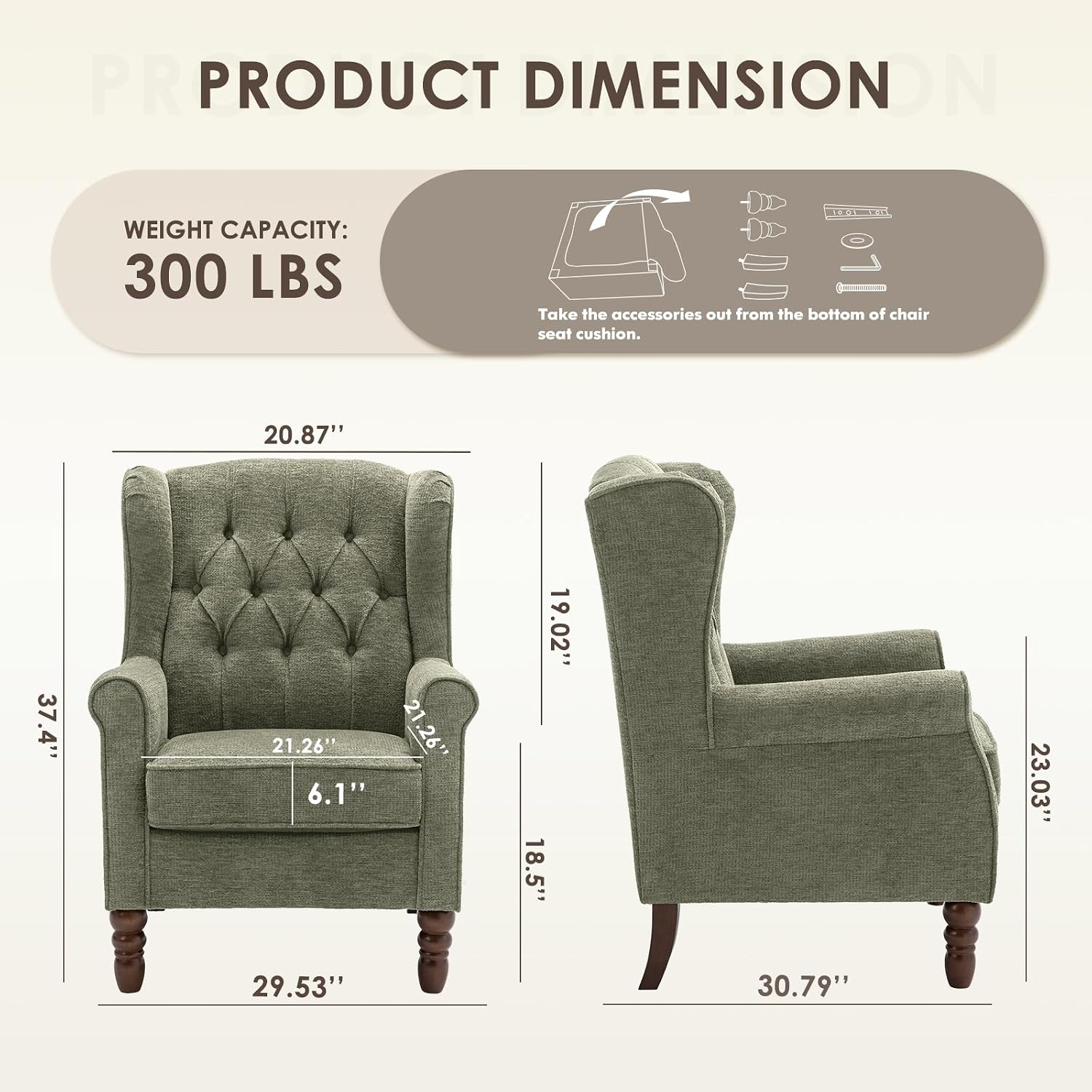 Detalle de COLAMY W290 Mid-Century Modern Wingback Accent Chair, Green Fabric