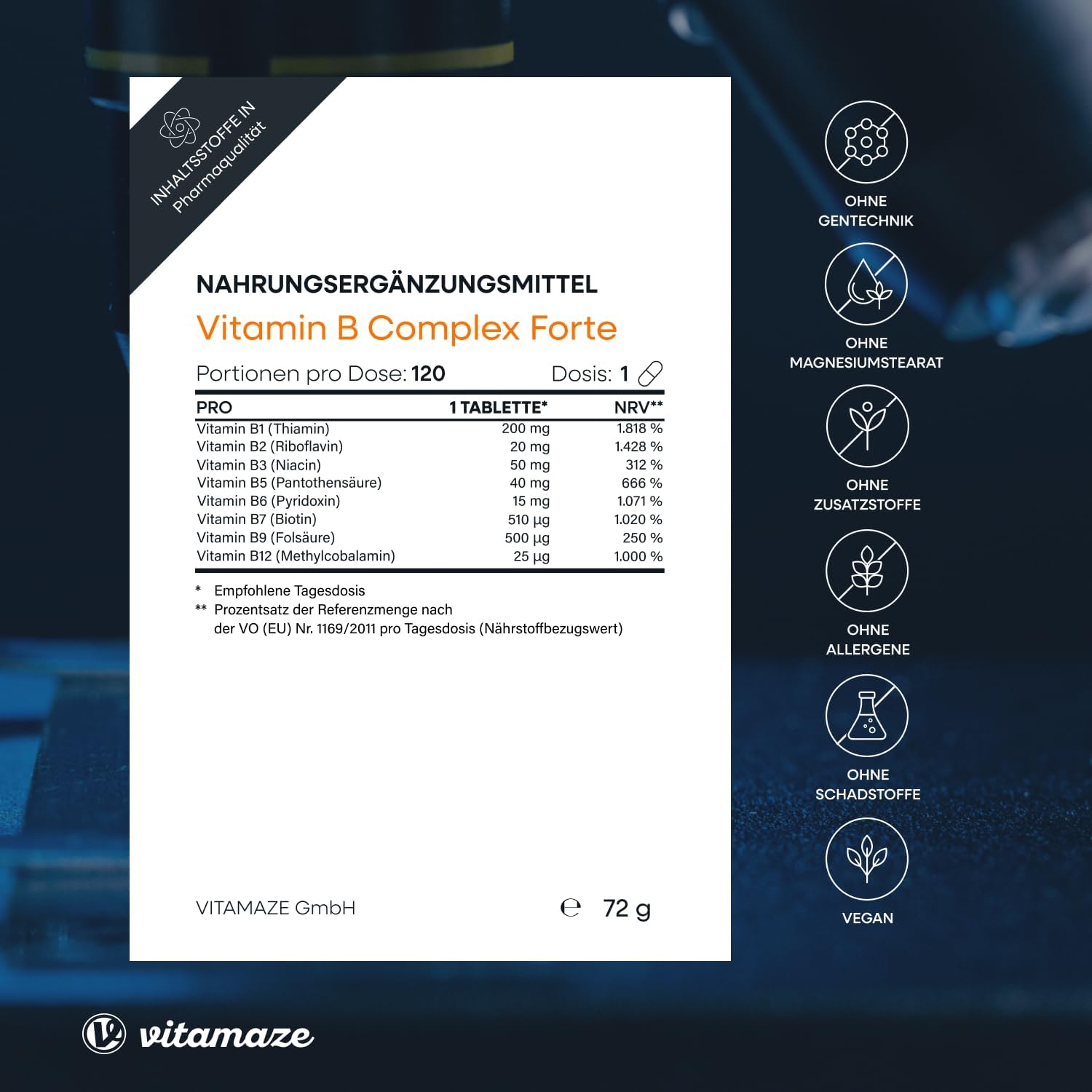 Detalle de Vitamin B-Komplex extra hochdosiert – 120 vegane Tabletten für 4 Monate mit B1 bis B12 (Methylcobalamin)