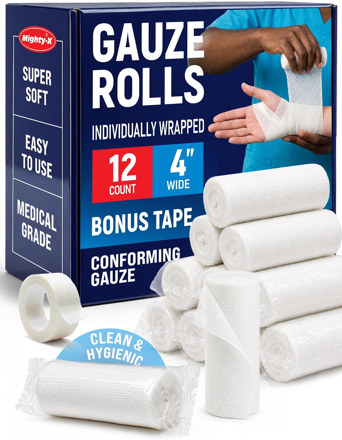 Detalle de Mighty-X Gauze Rolls, 12-Pack, 4" x 4.1 yd, Latex-Free Stretch Bandages