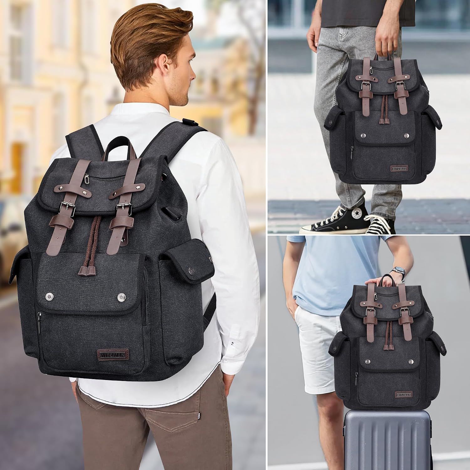 Detalle de WITZMAN Canvas Reiserucksack Herren – Vintage Travel Backpack für 15,6 Zoll Laptop