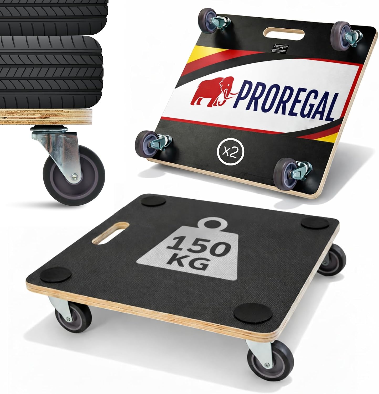 Detalle 2 de PROREGAL 2er Set Profi Transportroller HERCULES (50 x 50 cm) bis 150 kg – Schwerlast-Rollbrett mit Griff