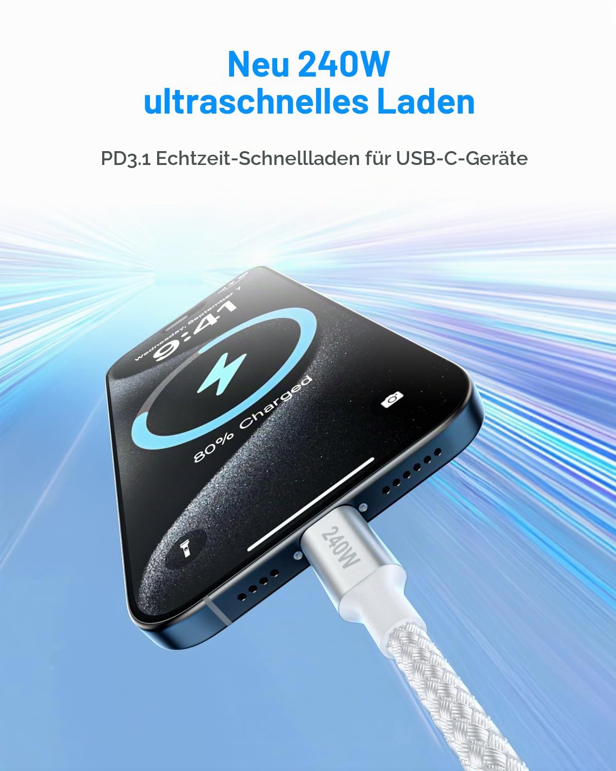 Detalle de 240W USB C auf USB C Kabel 1,5 m – PD3.1 Schnellladekabel, hochwertig, Weiß