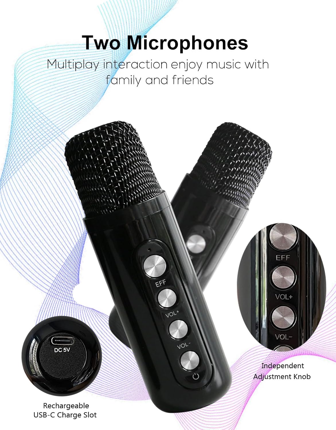Detalle 2 de MUMUWIND MMF-203B karaokeluidspreker met 2 draadloze microfoons, Bluetooth en USB