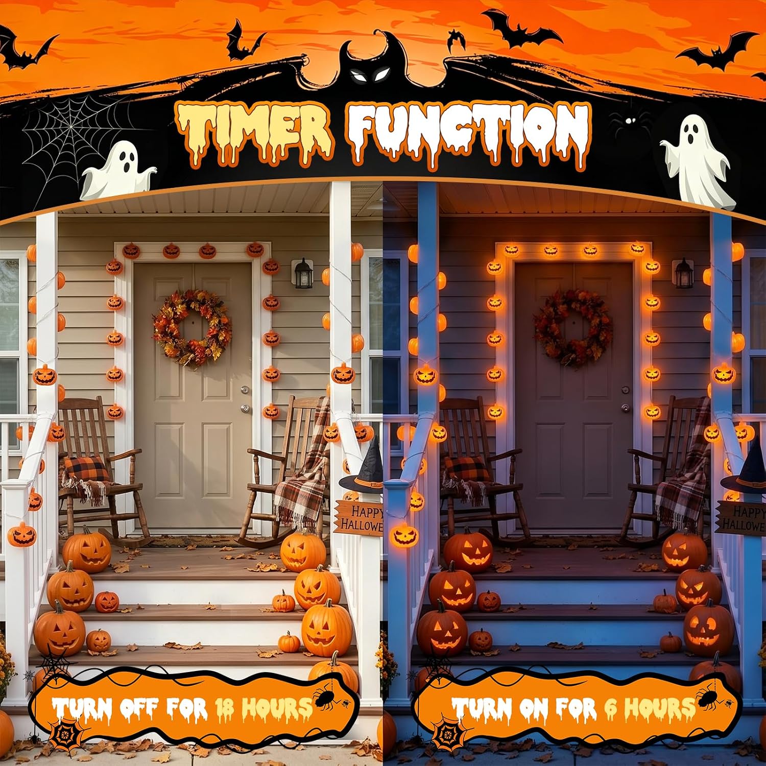 Thumbnail 4 de A.bigwhale Halloweenljusslinga med pumpor, 20 orange LED och timer