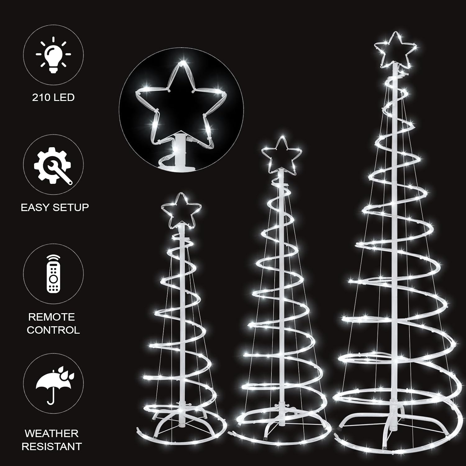 Detalle 2 de FLAGLY 778 Christmas Spiral Tree Set, 3/4/5 ft, White LEDs, 8 Modes