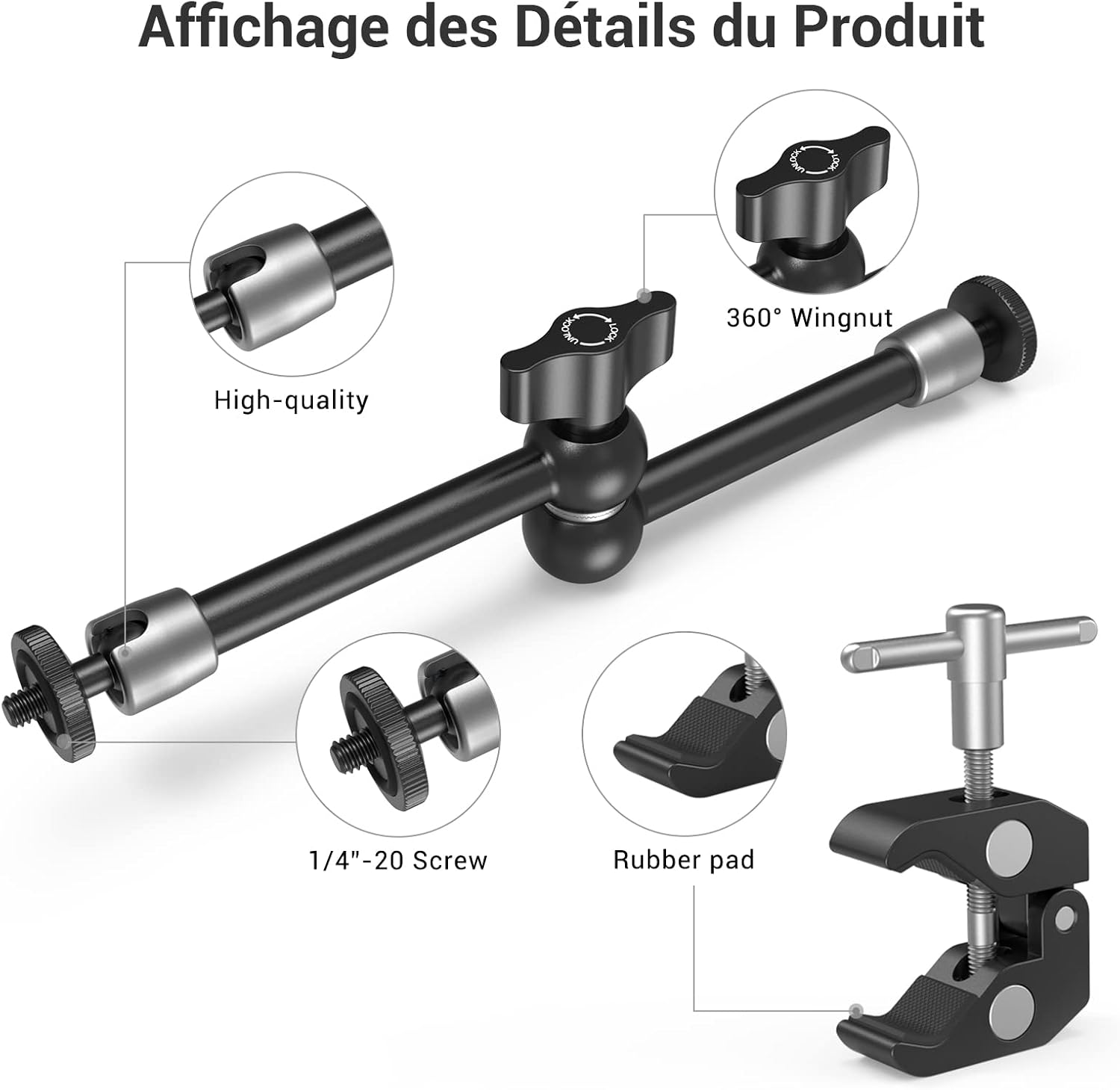 Thumbnail 1 de SMALLRIG Super Clamp + bras magique articulé 10 pouces 2732B (vis 1/4") pour moniteur LCD et éclairages LED