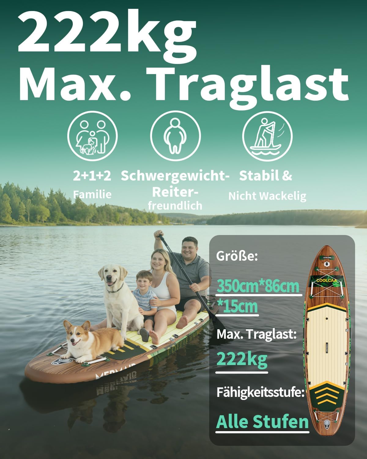 Detalle de COOLCAA SUP Board, 355 cm – Extra Großes, aufblasbares Stand Up Paddleboard mit 86 cm Breite und 210 kg Traglast