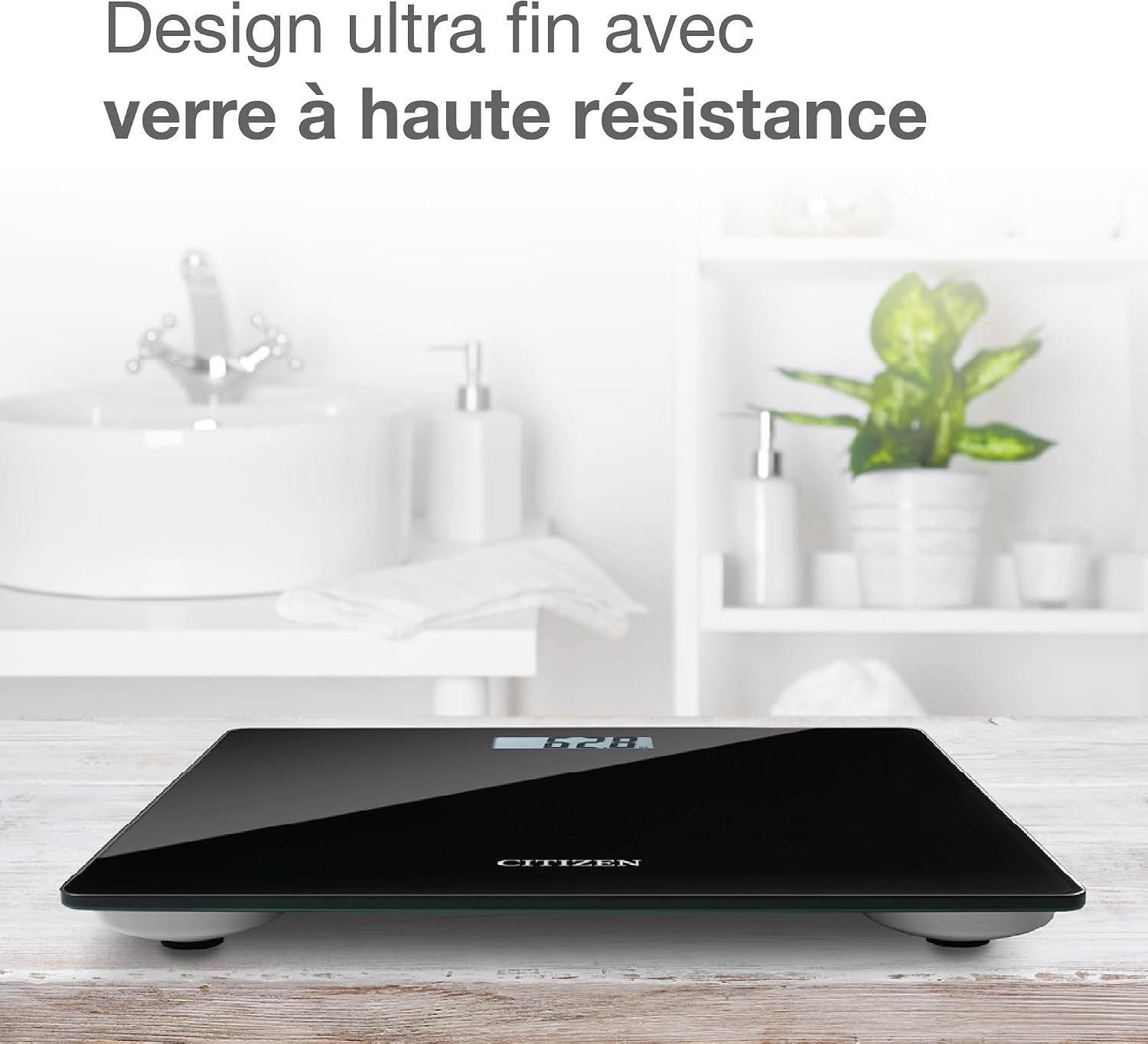Thumbnail 6 de Citizen HMS324 : pèse-personne numérique haute précision ultra-fin en verre trempé, Step-On (noir)