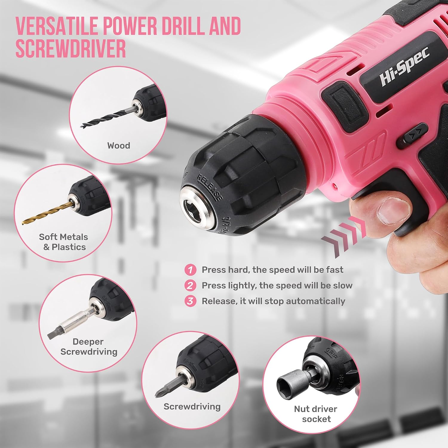 Detalle 2 de Hi-Spec DT30558P-DE 8V Cordless Drill and Pink Home Tool Set