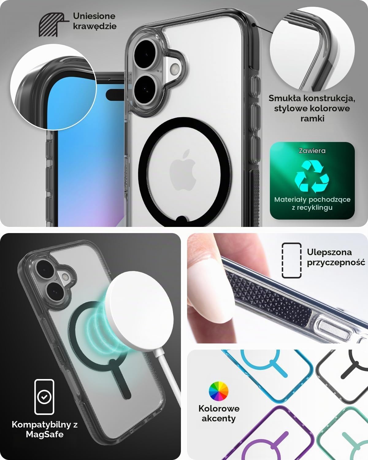 Detalle 1 de ZAGG Santa Cruz Snap – etui do iPhone’a 16, MagSafe, grafen i ochrona do 4 m