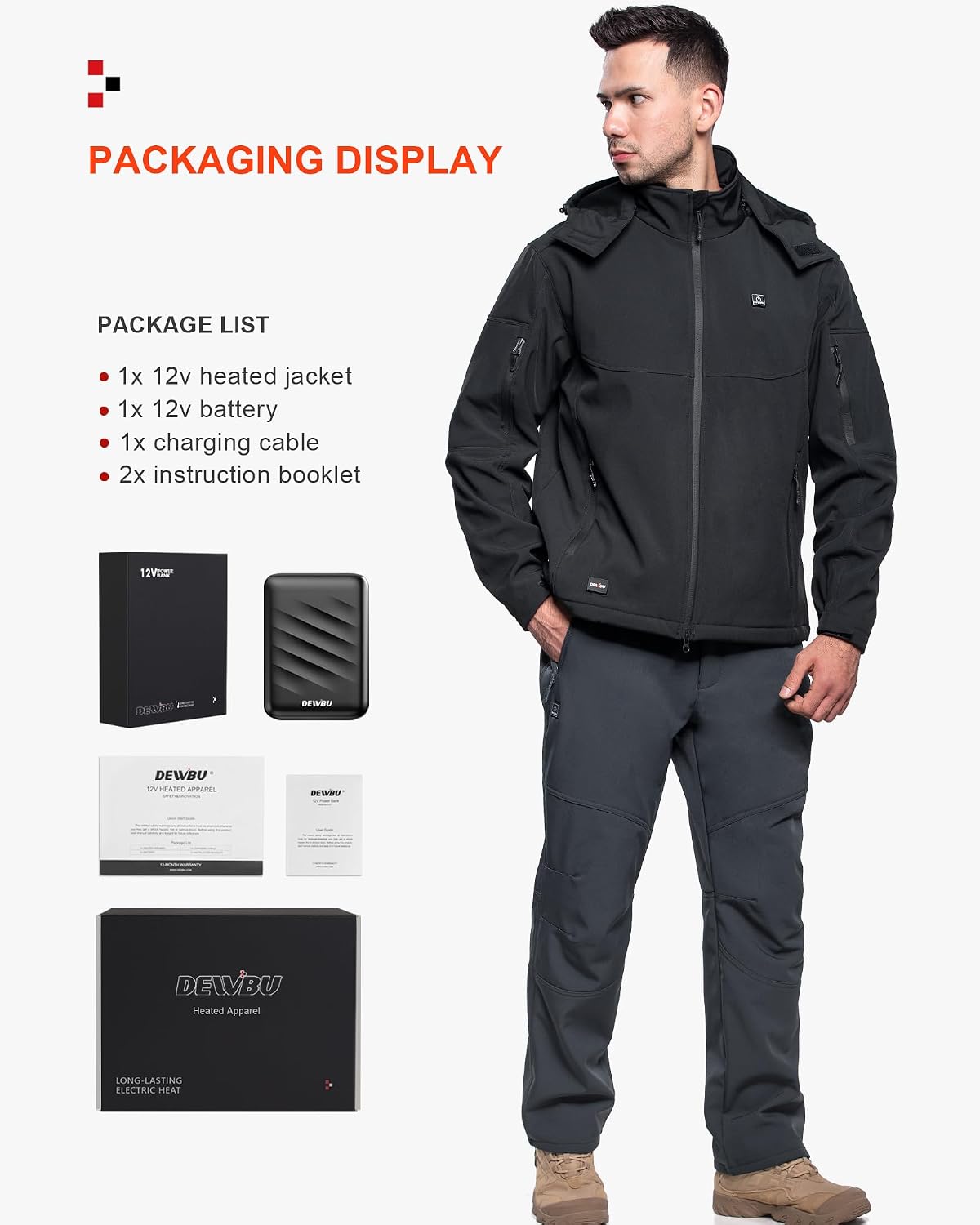Detalle de DEWBU Men's 12V Heated Jacket with Five Heat Zones and Detachable Hood