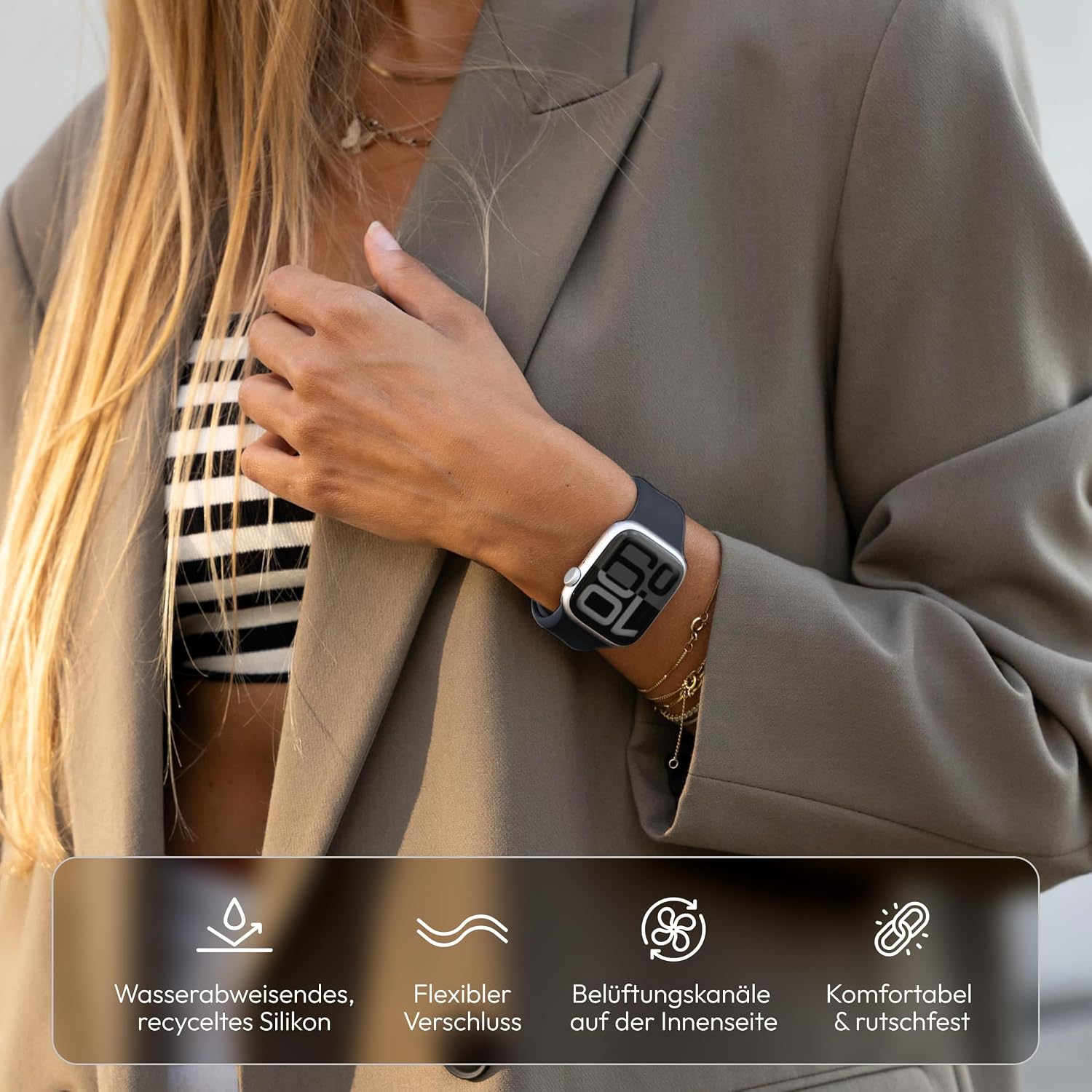 Detalle de VONMÄHLEN Classic Band 2 – verstellbares, atmungsaktives Armband aus recyceltem Silikon für Apple Watch