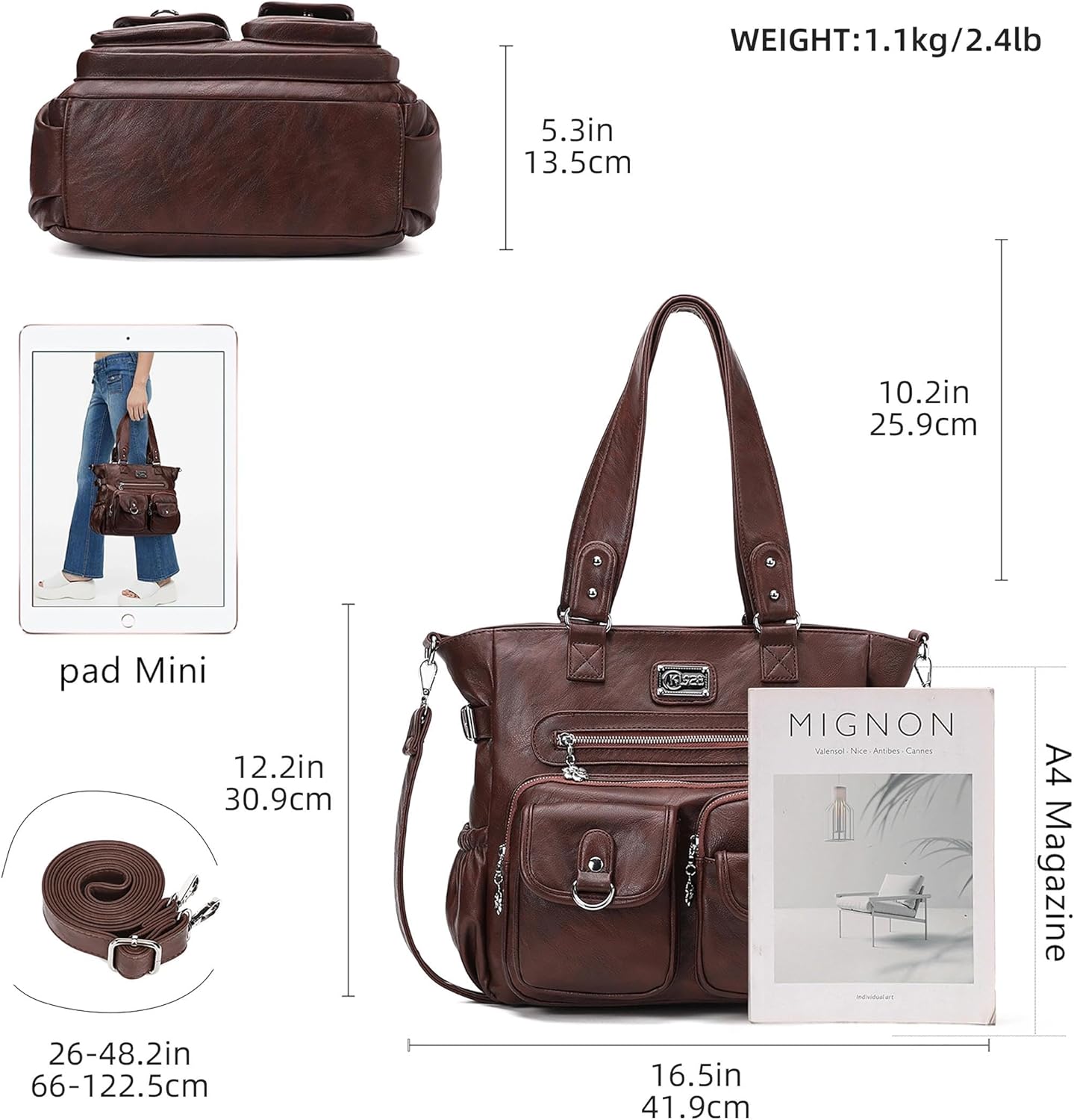 Thumbnail 3 de KL928 Handtasche Damen Umhängetasche Schultertasche mit vielen Fächern – Kaffee