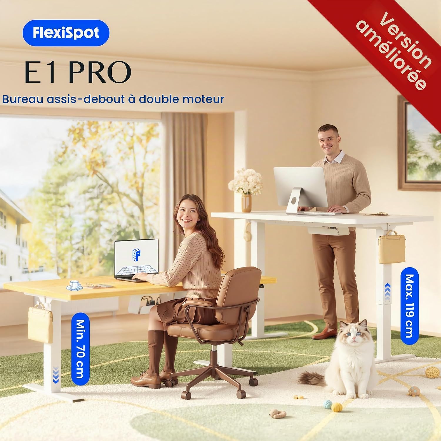 Detalle de FLEXISPOT Bureau Assis-Debout 2 Moteurs 140x80, Hauteur 70–119 cm, Charge 100 kg, Mémoire 4-positions
