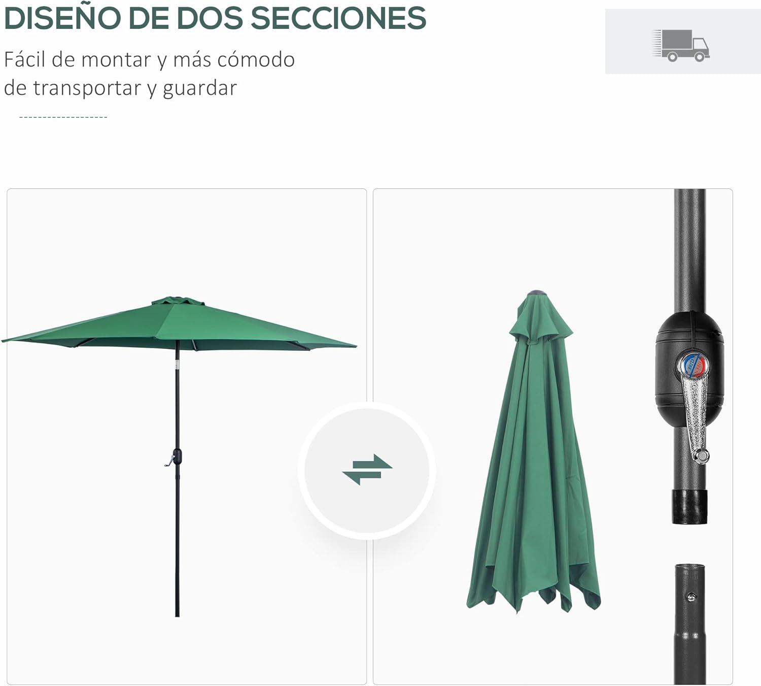 Thumbnail 4 de Outsunny Parasol de jardin extérieur Ø 3 m – inclinable, métal et toile 180 g/m², vert