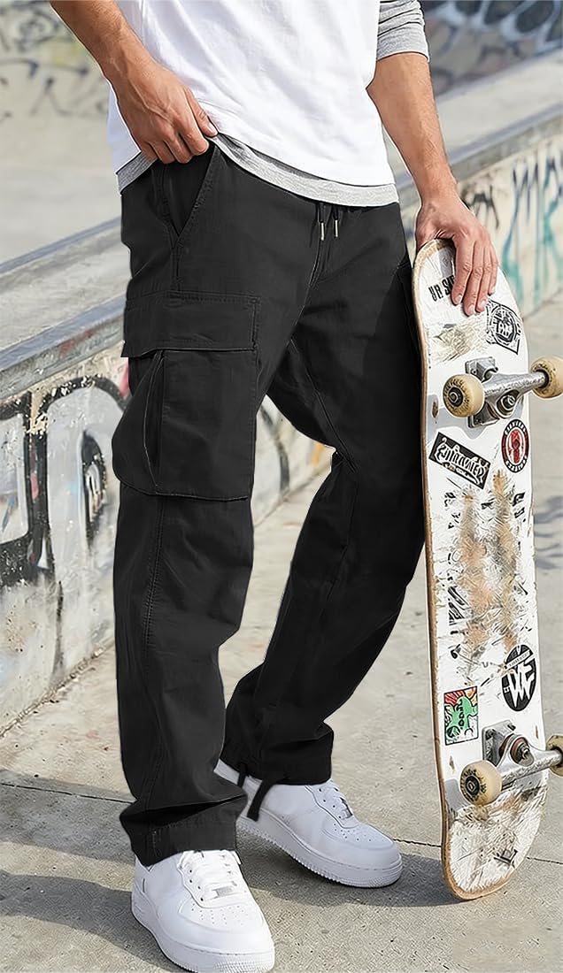 Detalle de HUNGSON Men’s Cargo Pants with Drawstring Waist, Relaxed Fit Hiking Joggers