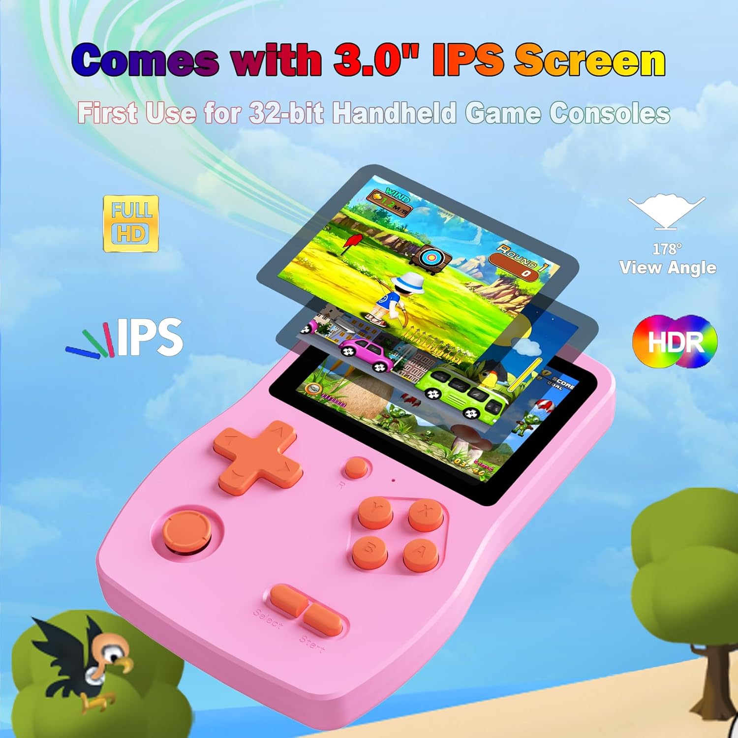 Detalle de Tragbare Spielkonsole für Kinder mit 139 32-Bit-Spielen – 3,0 Zoll IPS-Display, wiederaufladbar