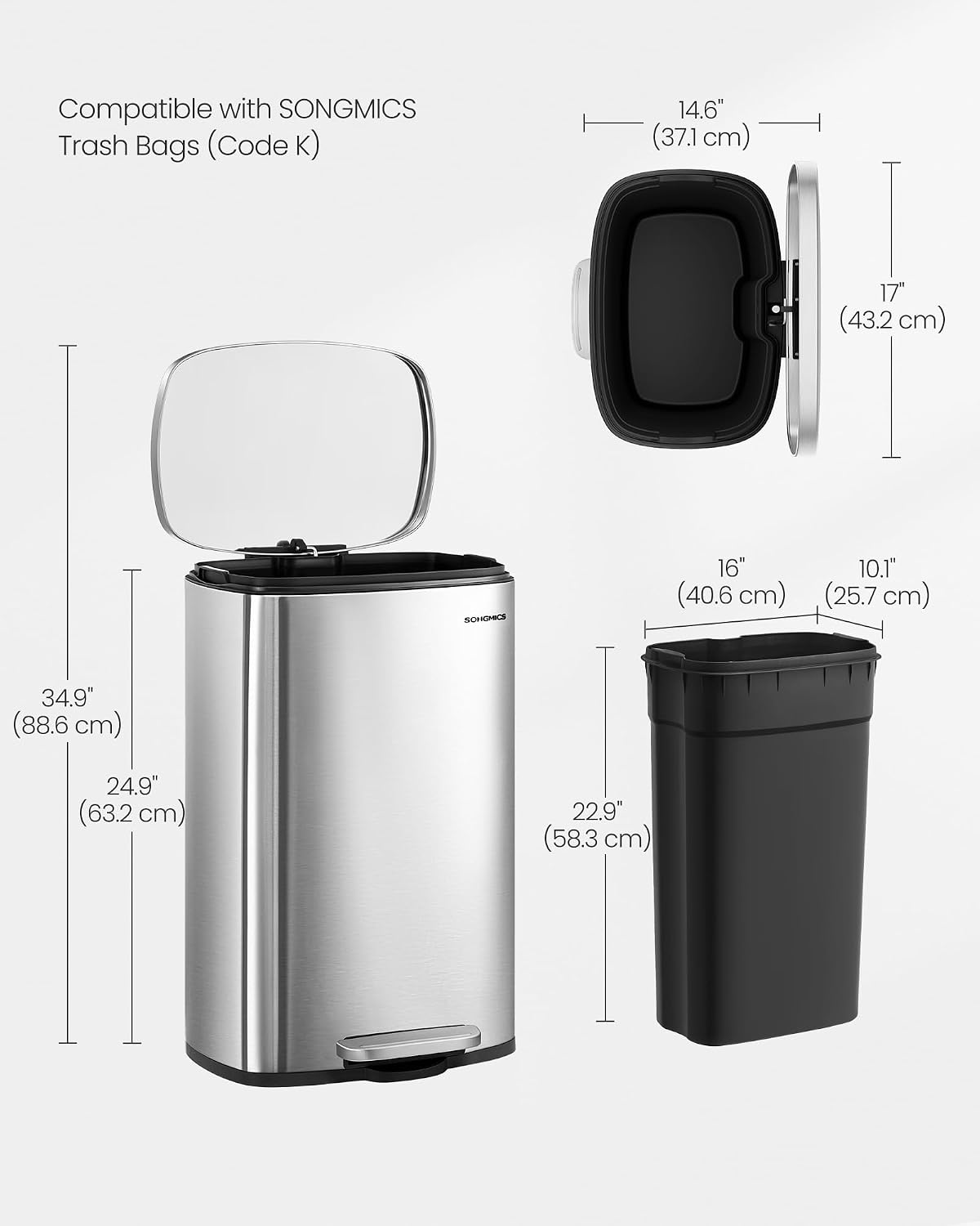 Thumbnail 5 de SONGMICS 13 Gallon Stainless Steel Trash Can (ULTB050E01) with Soft Close & Step-On Pedal