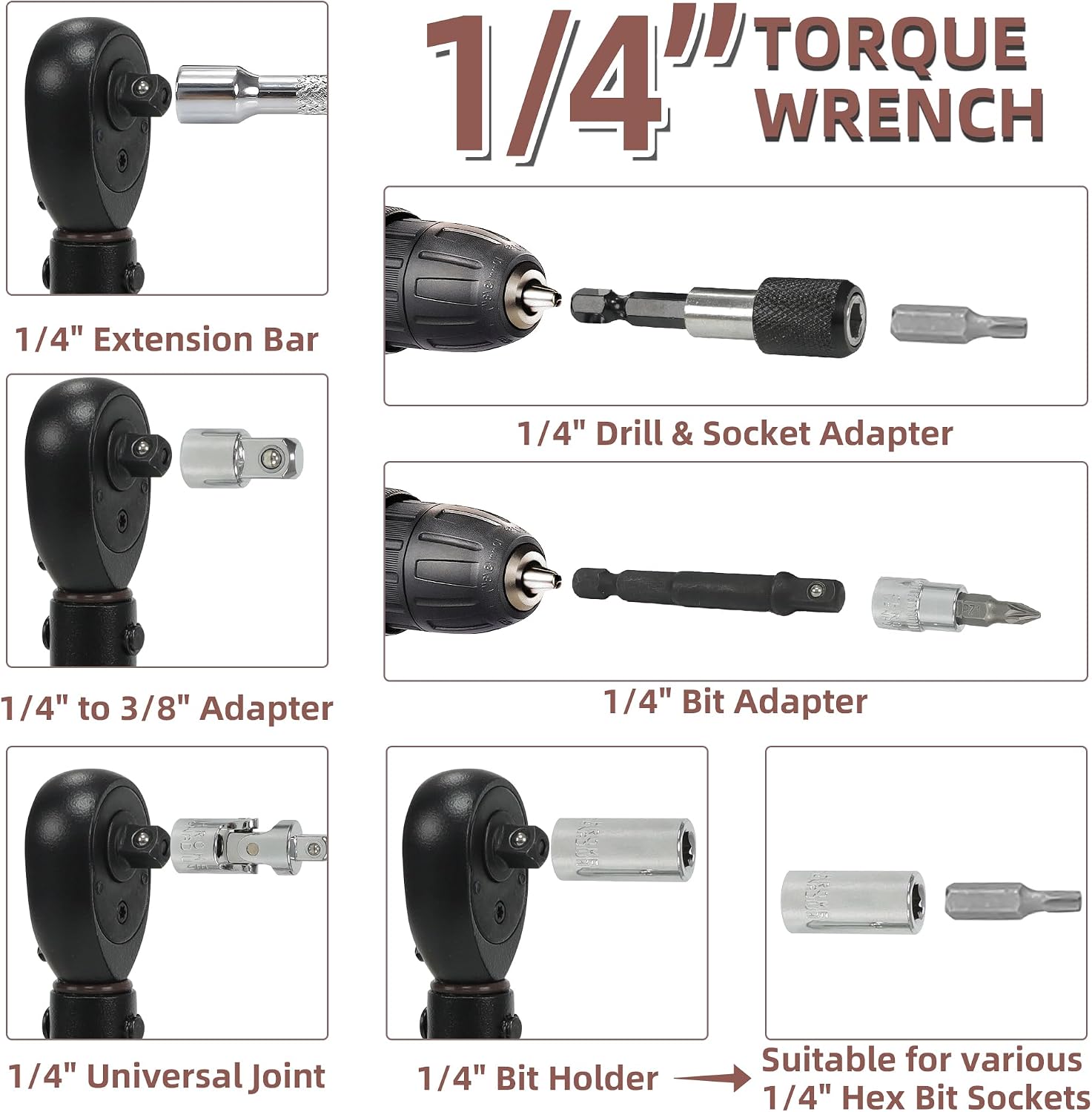 Detalle de UYECOVE 63Pcs 1/4-Inch Drive Click Torque Wrench Set, 1–25 N·m